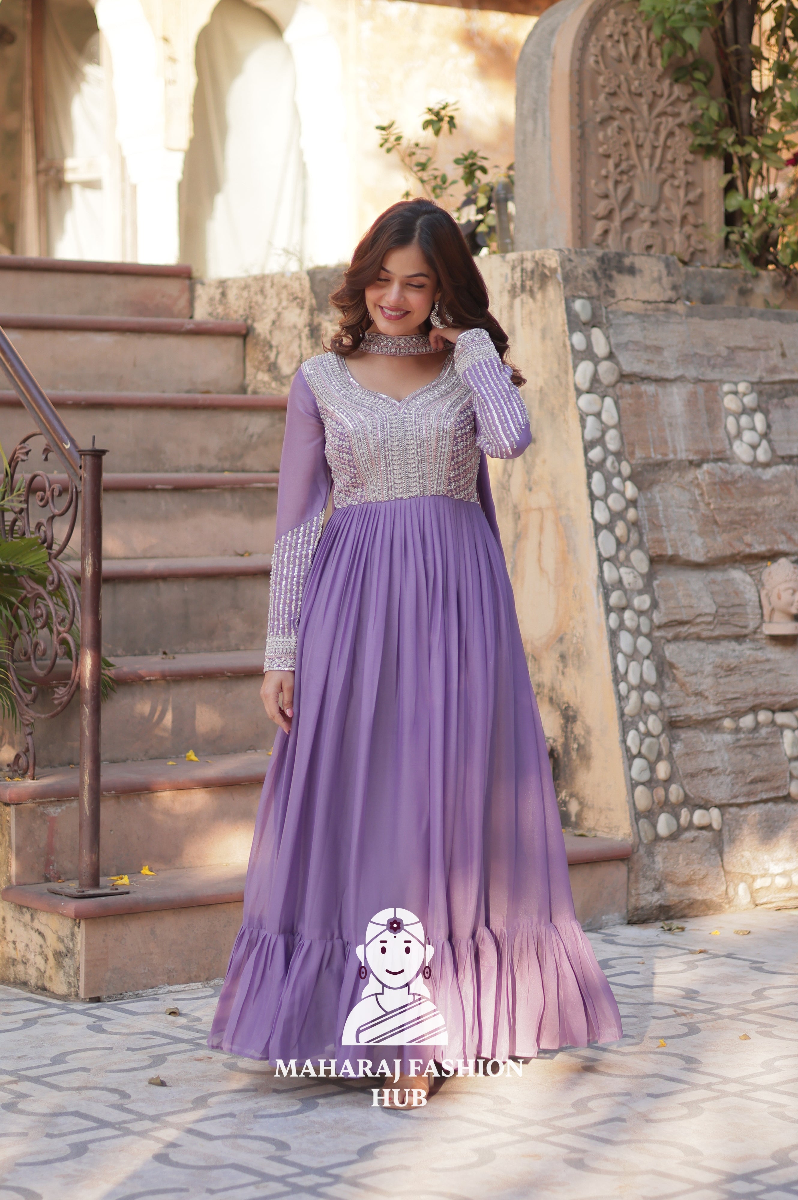 🧵 Star Georgette Gown with Heavy Work & 5 M Flair Grandeur - Special Designer Gown