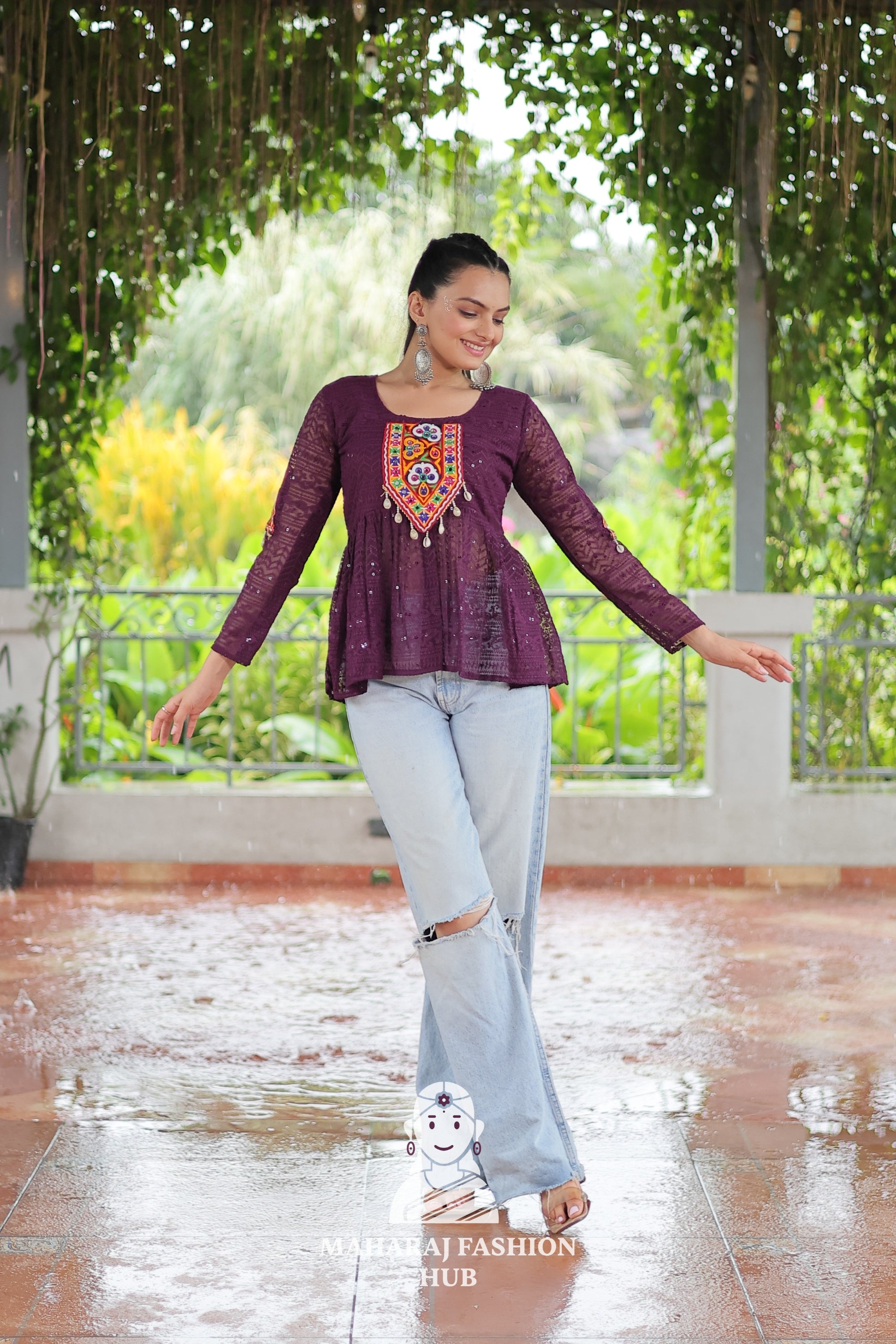 Elegant Kutchi Gamthi Schiffli Embroidery Georgette Peplum Top 🌸👑