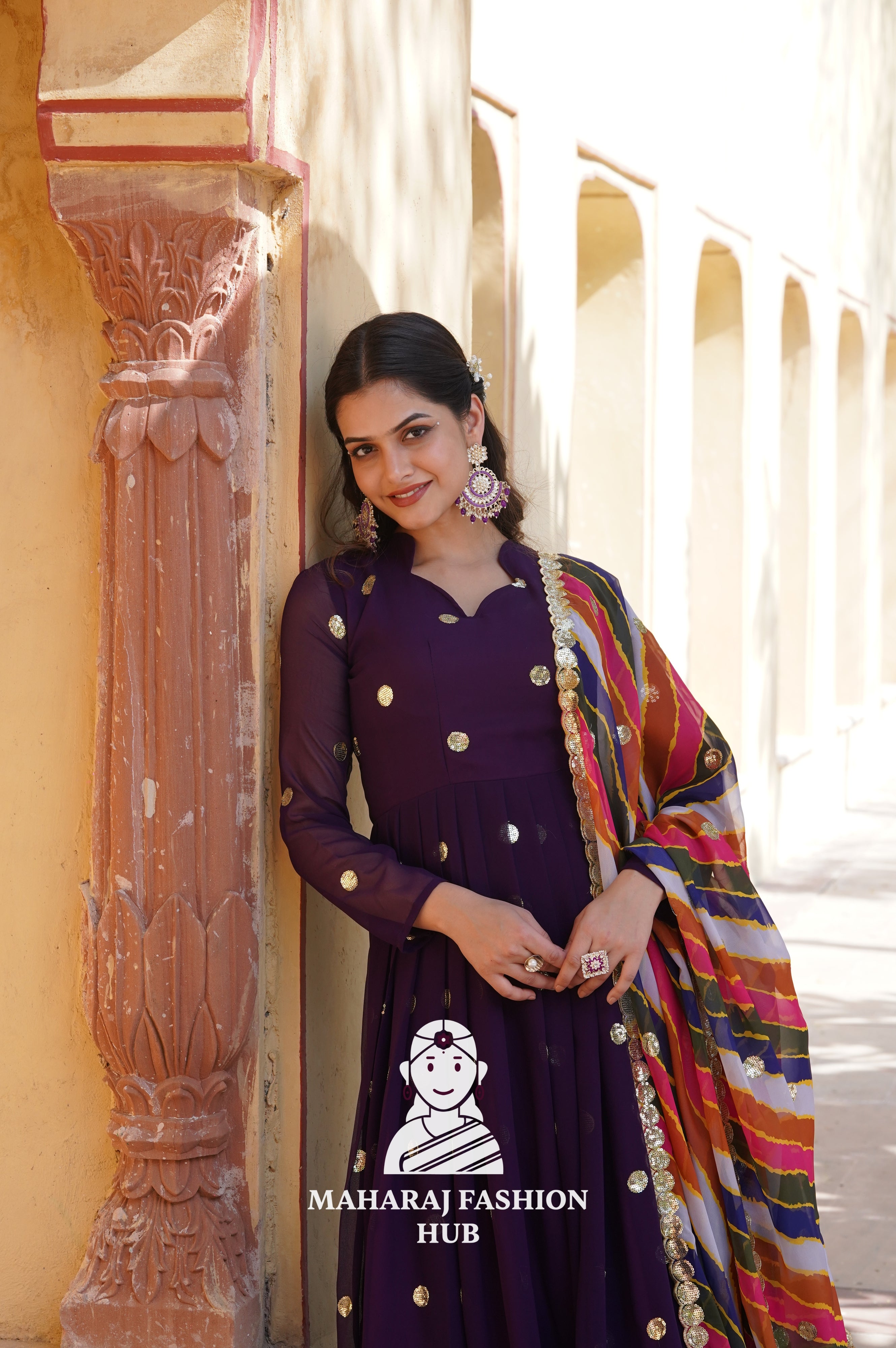 Full Sleeve Special Designer Gown with V Neck & Embroidered Russian Silk Dupatta