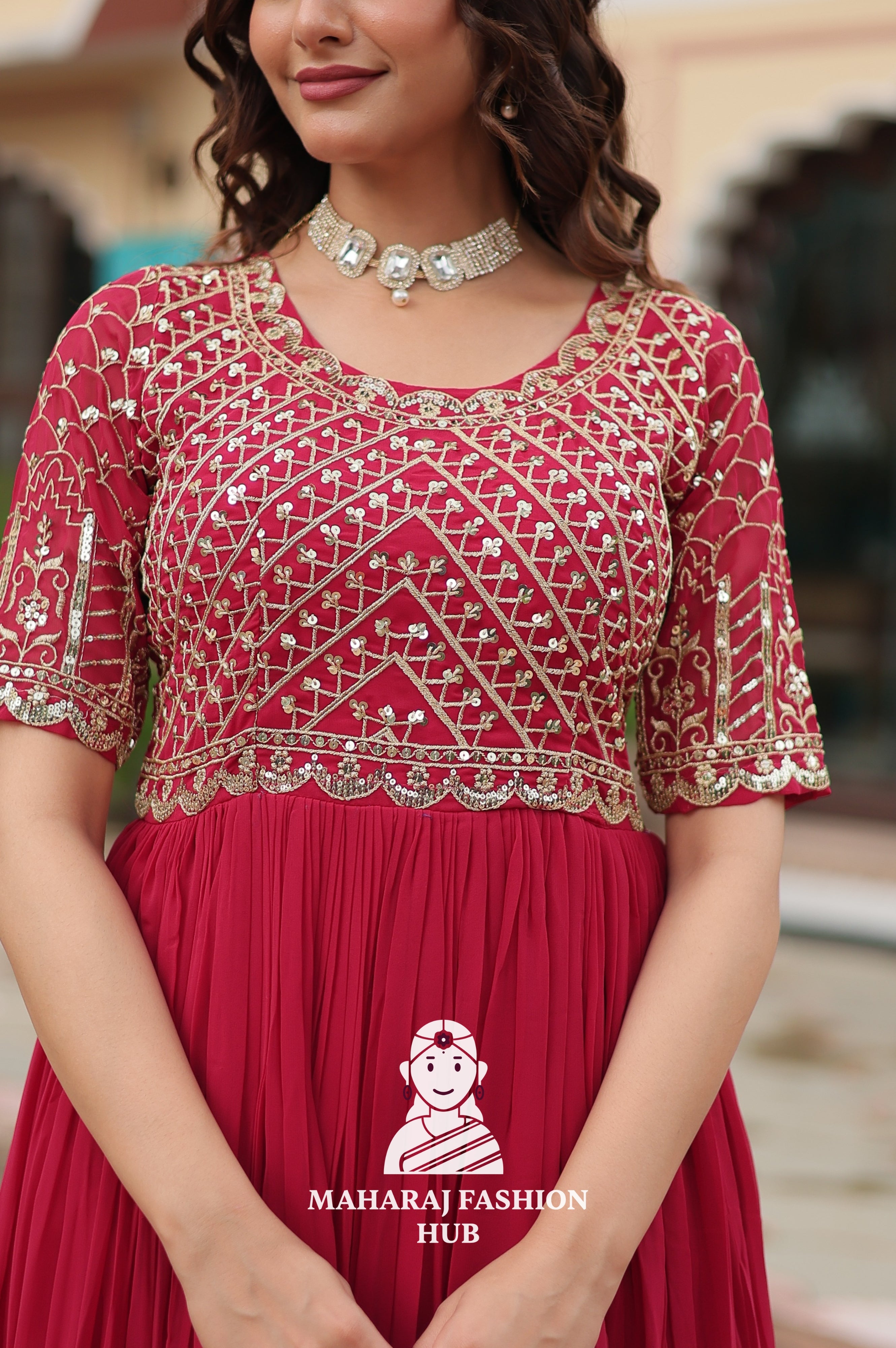 Beautiful Embroidered Faux Blooming Gown with Cotton Lining