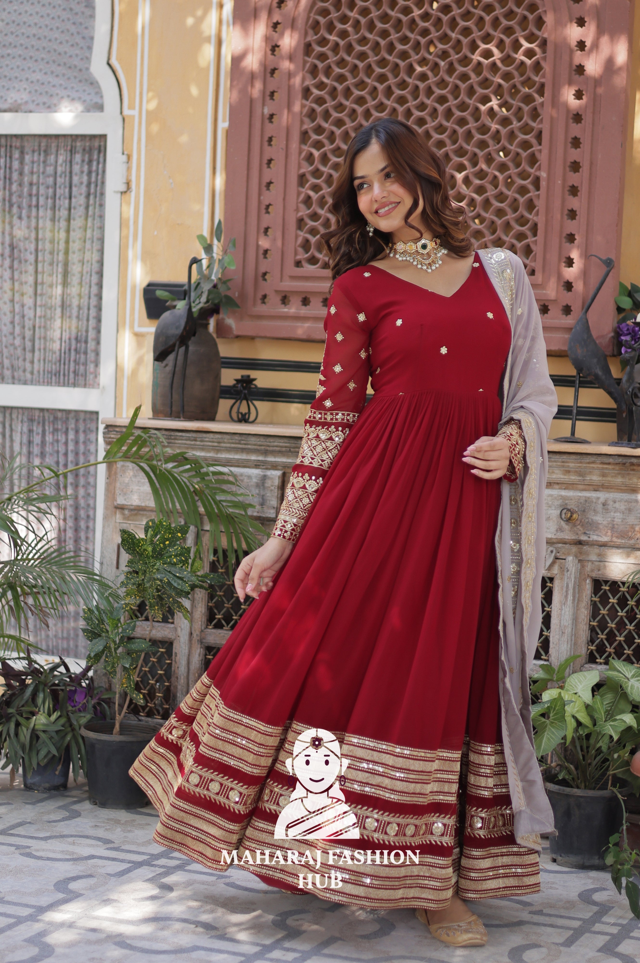 💃 Fancy V-Neck Gown with Sequins Detailing & Designer Lace - Special Designer Gown