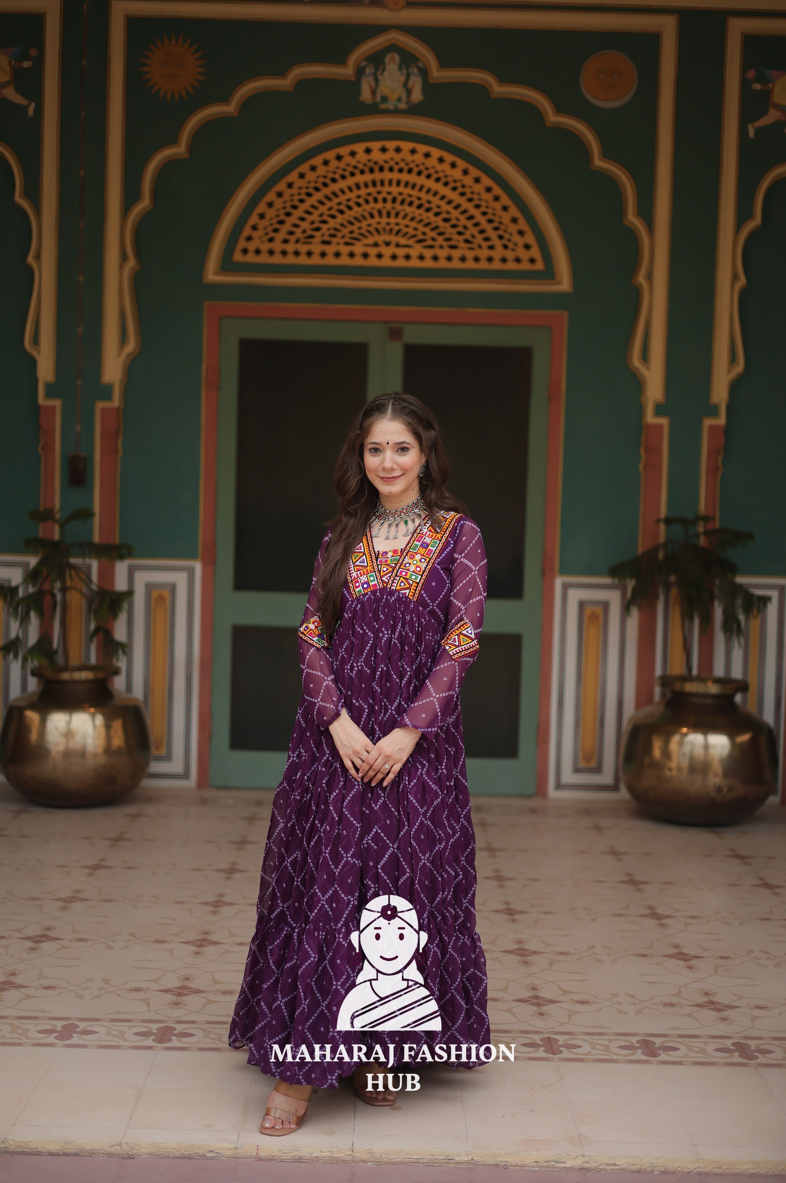 Faux Georgette Gown with Kutchi Patch and Bandhani Artistry