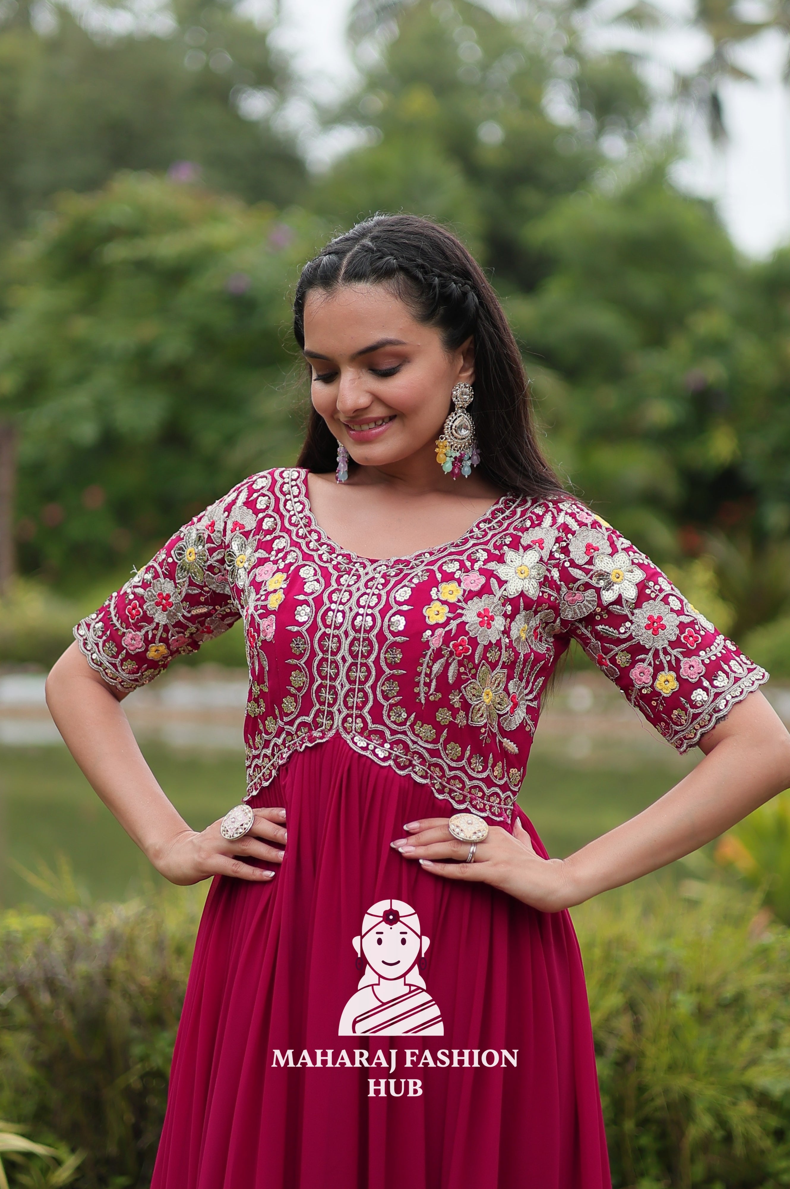 Half Sleeve Faux Blooming Fabric Gown with Luxe Finish