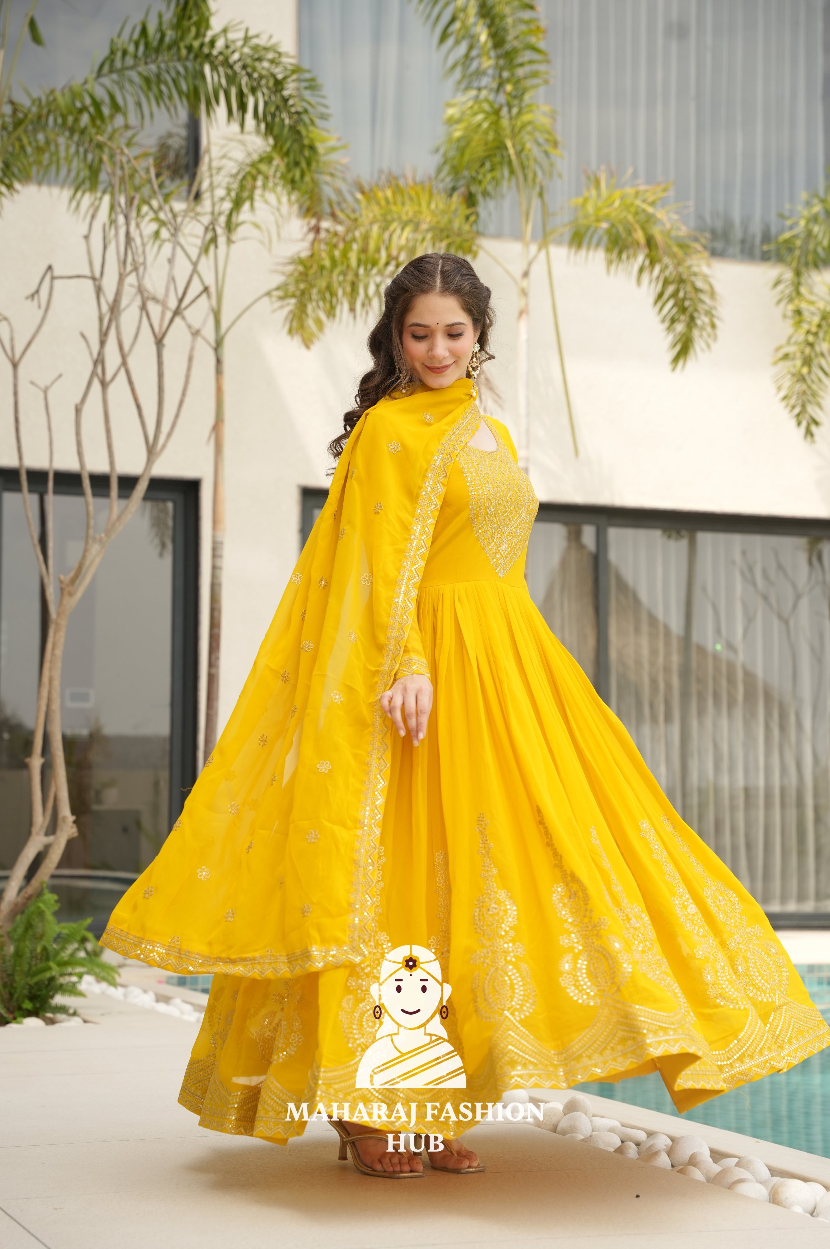 💫 Elegant Round Neck Gown in Faux Blooming Fabric - Special Designer Gown