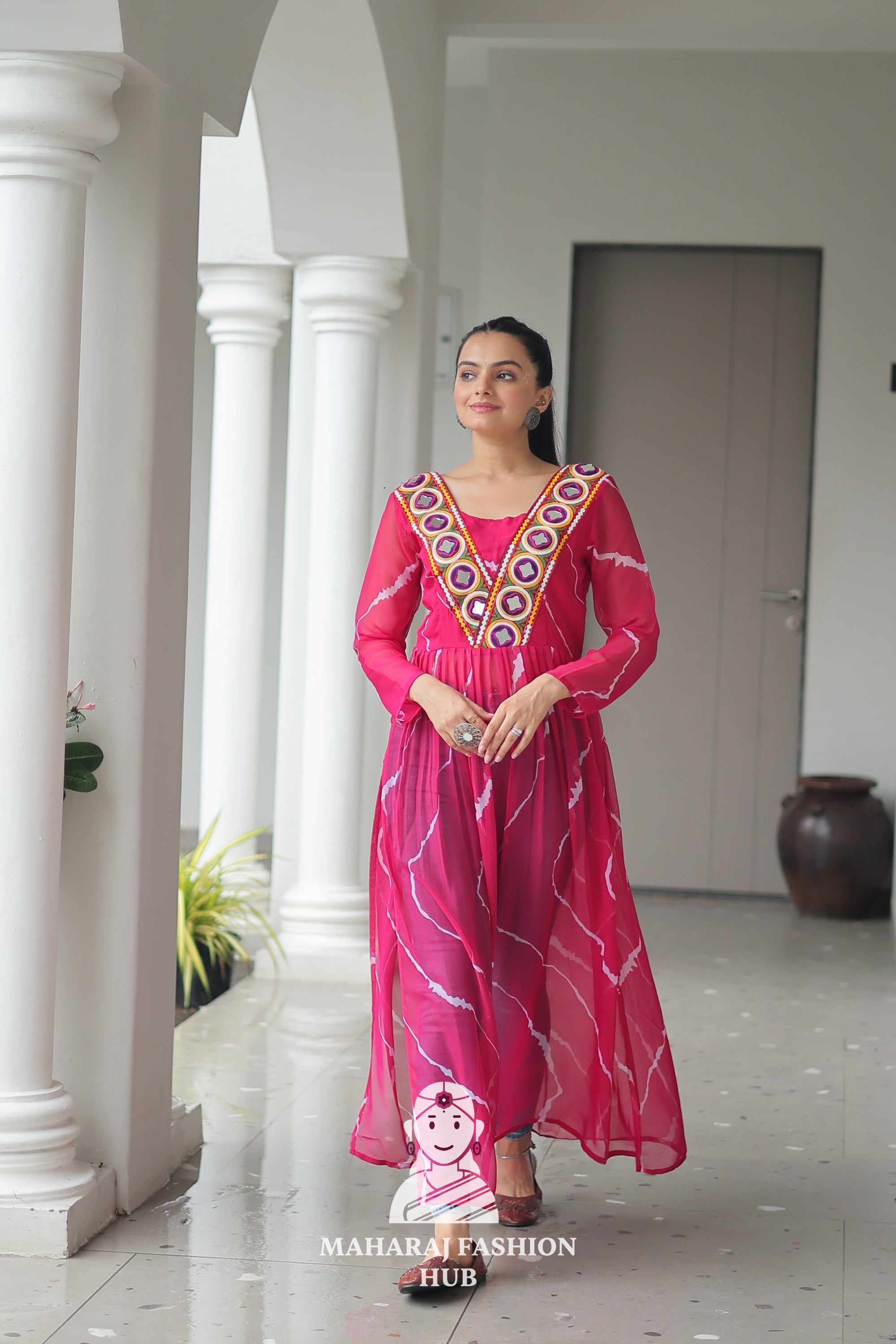 Navratri - Premium Faux Georgette Leheriya Kutchi Patchwork Navratri Kurti 🎶💃