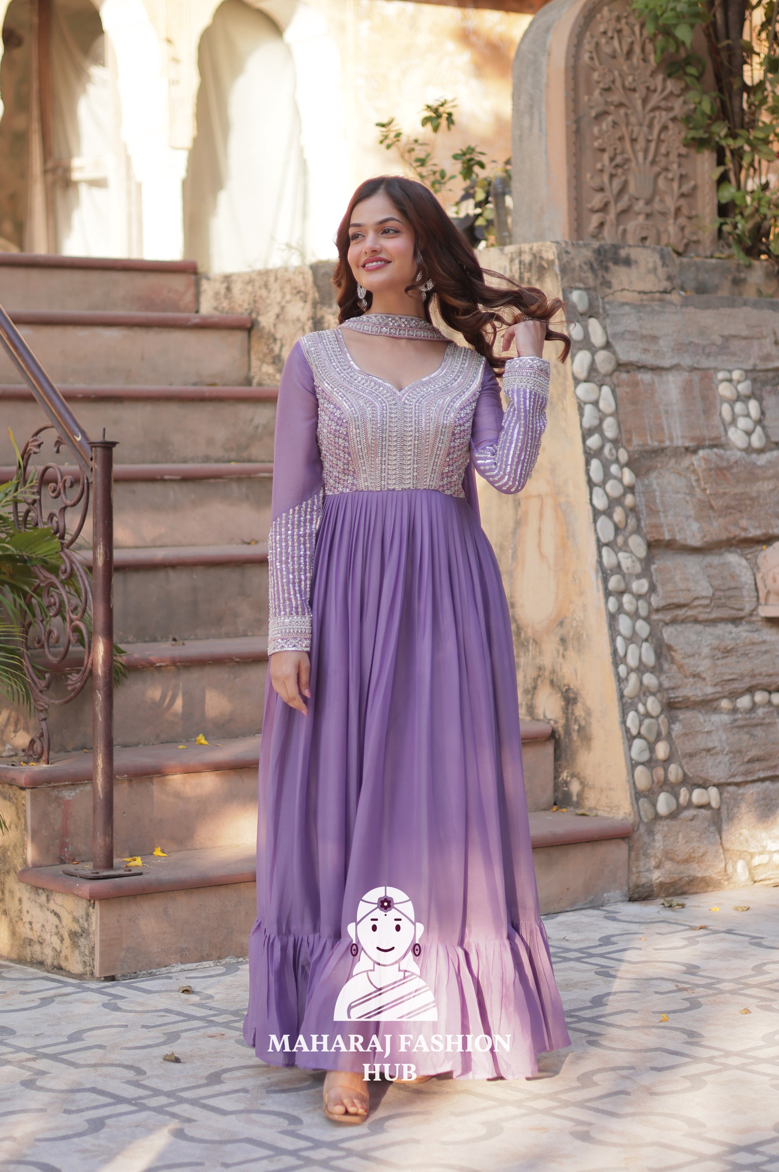 🧵 Star Georgette Gown with Heavy Work & 5 M Flair Grandeur - Special Designer Gown
