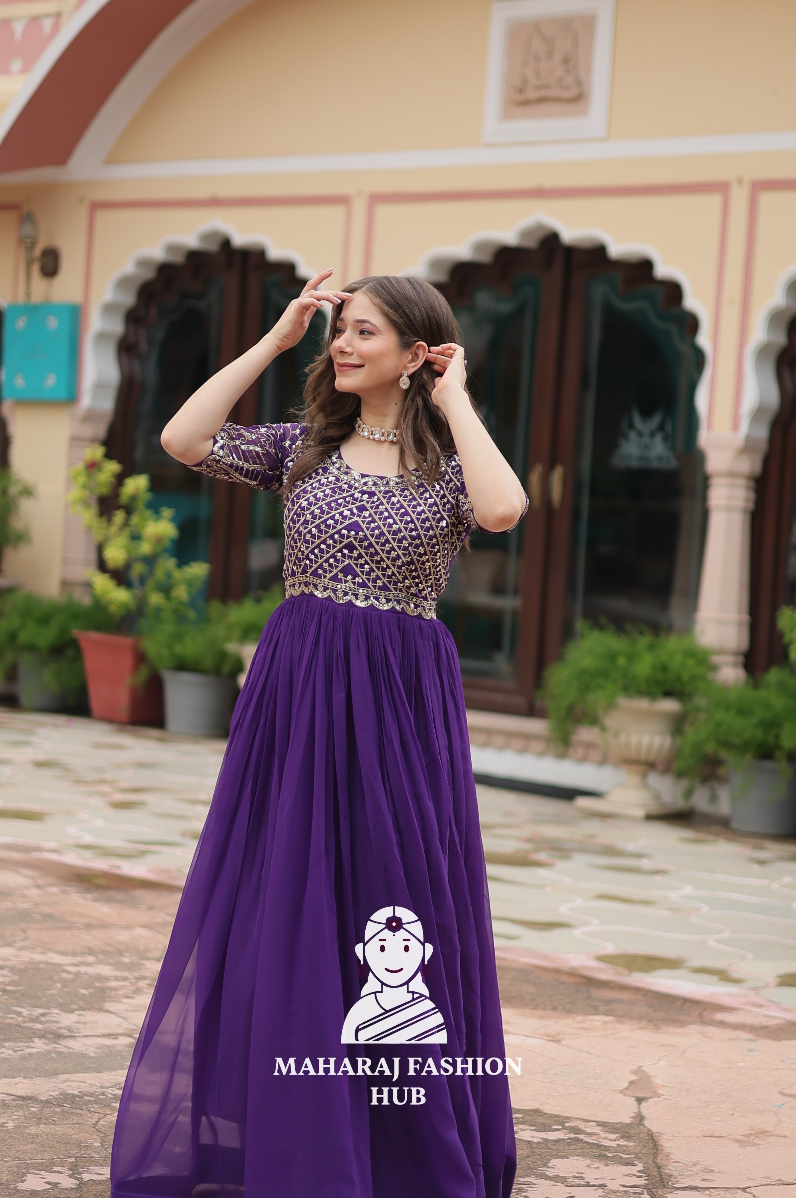 Designer Faux Blooming Gown with Zari Sequins Detailing