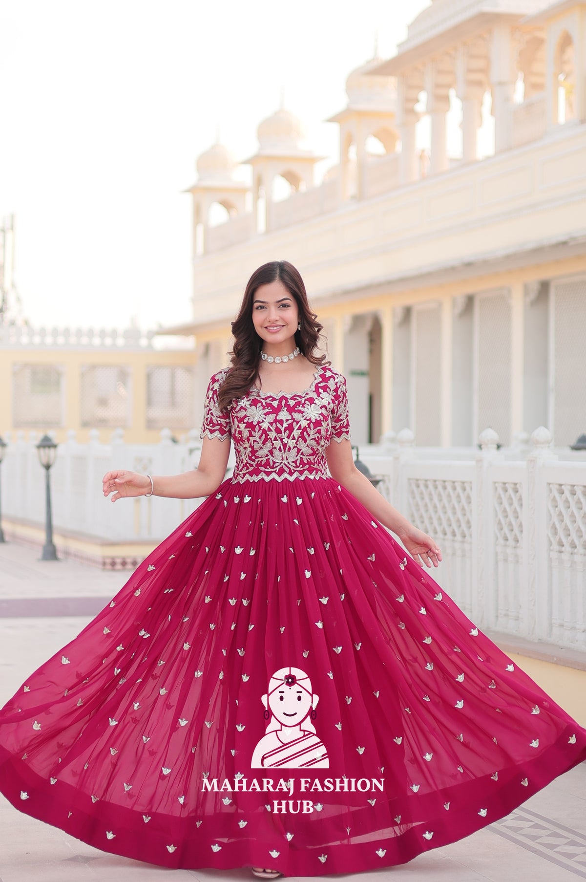 Canvas Patta Stitched Special Designer Gown with Embroidered Cut-Work Sleeves