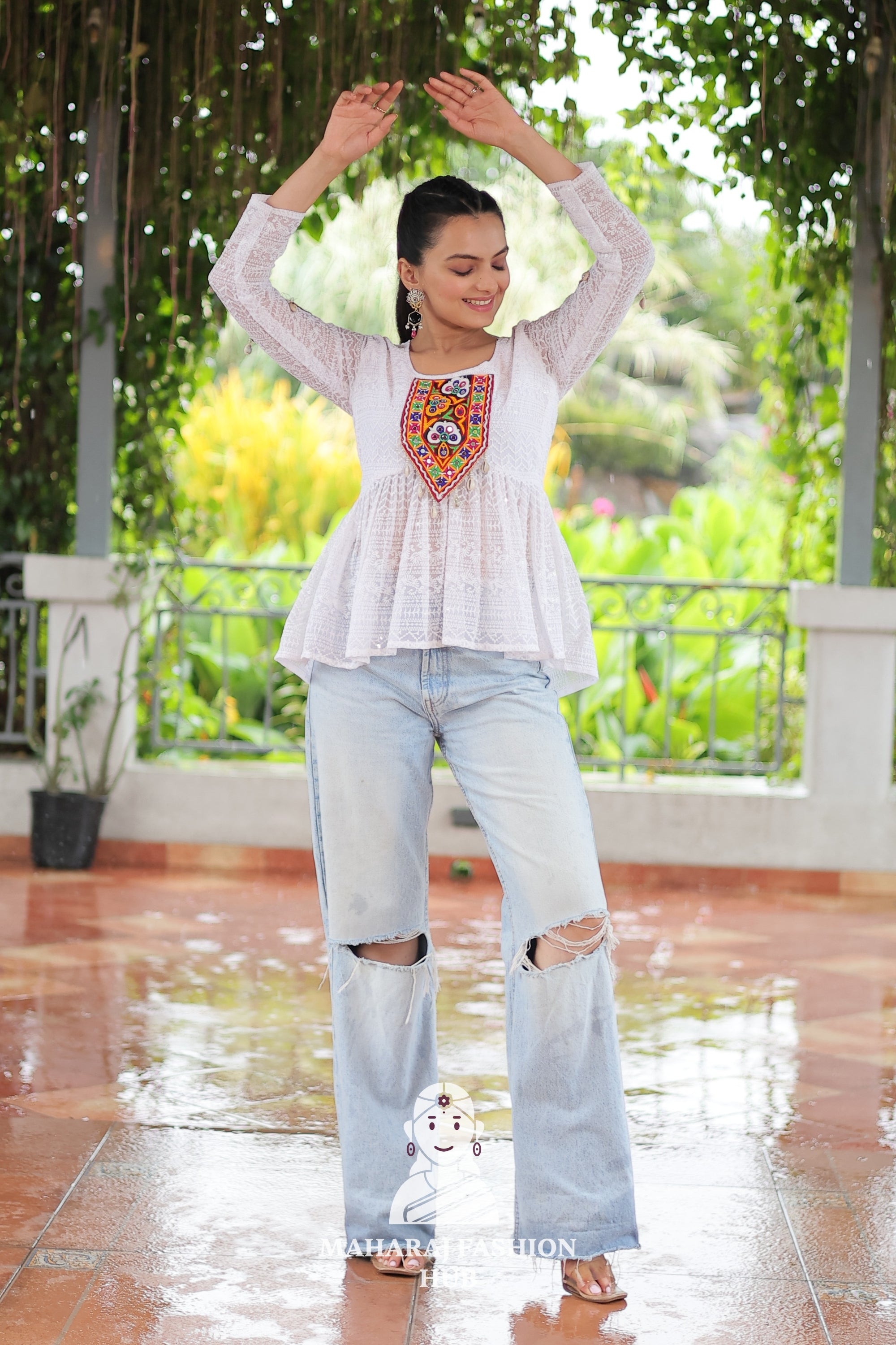 Celebrate Traditions – Stylish Schiffli Kutchi Patchwork Peplum Top 💫🎶
