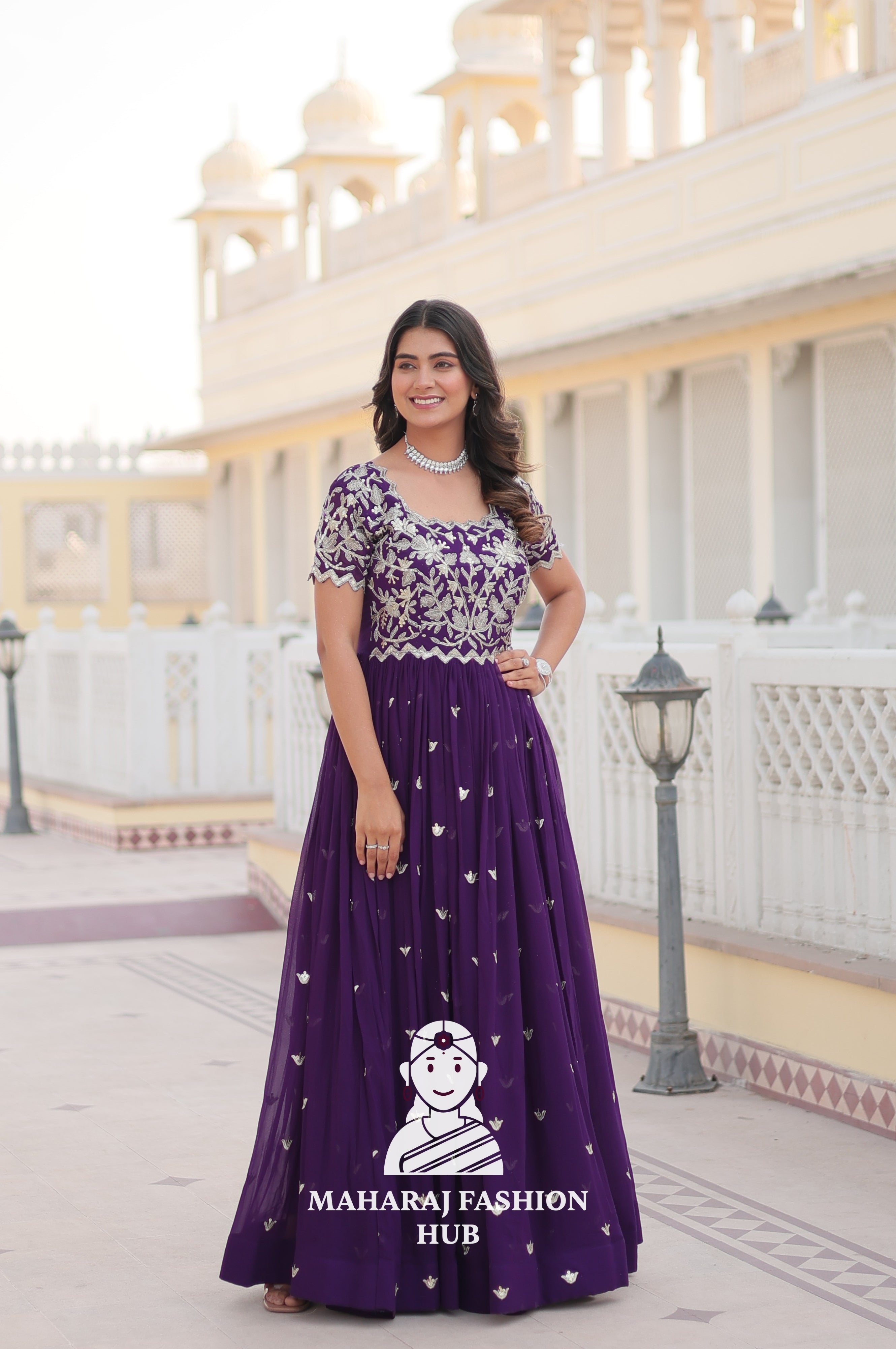 Faux Blooming Special Designer Gown with Cut-Work Sleeves & Canvas Stitching