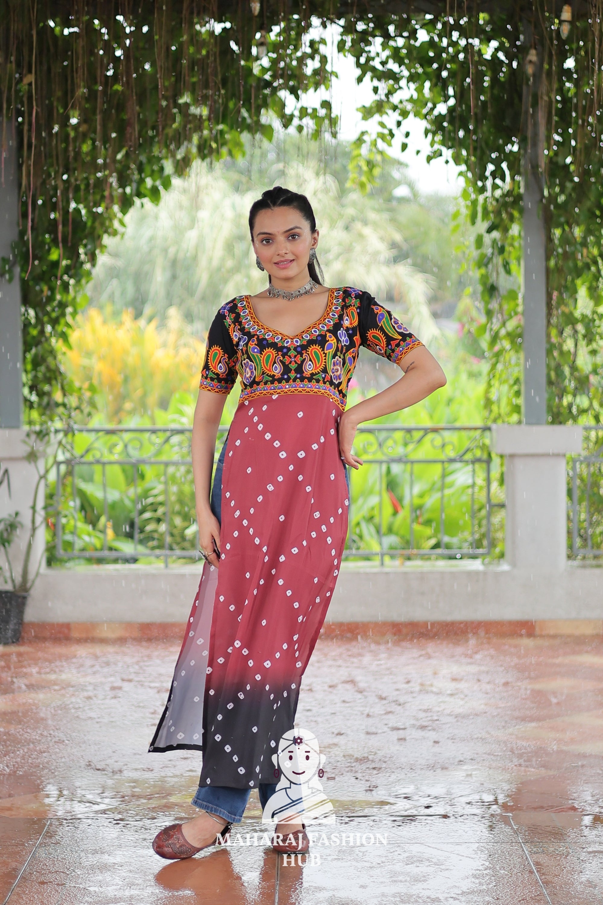 Premium Faux Georgette Bandhani Kutchi Patchwork Kurti for Festive Style 🌸🪔