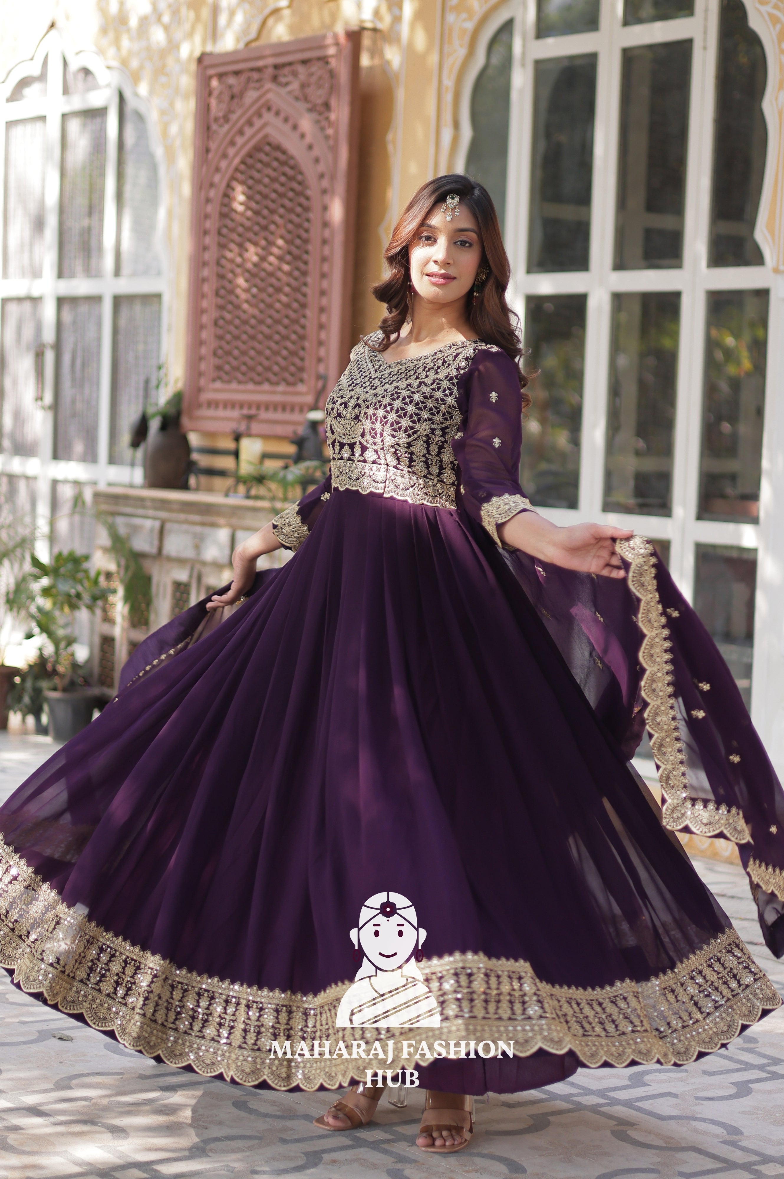 🌸 Designer Gown in Faux Blooming with Heavy Work & Stylish Dupatta - Combo Offer Gown