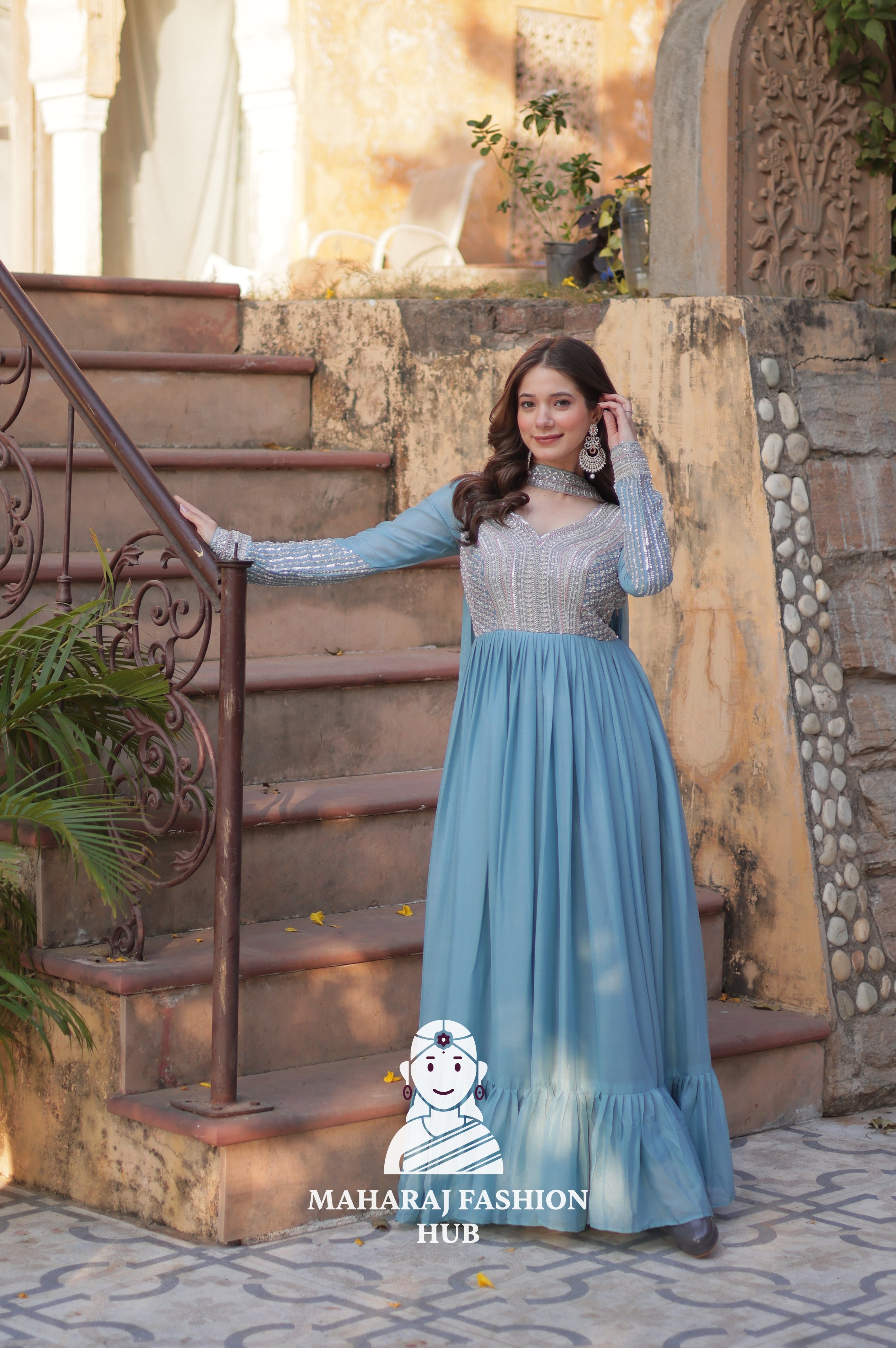 💫 Designer Gown in Star Georgette with Pan Neck & Full Embroidery - Special Designer Gown