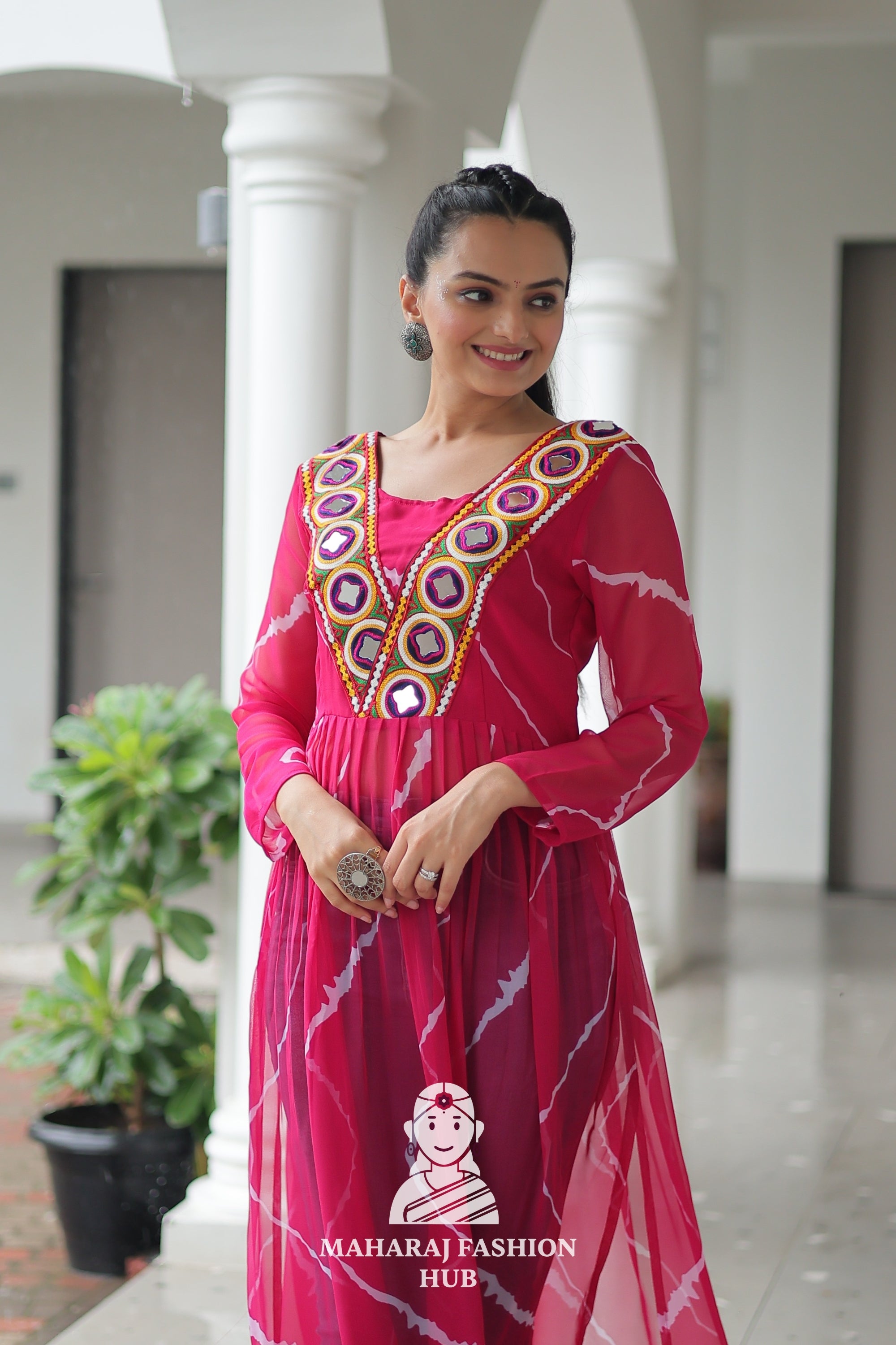 Navratri - Premium Faux Georgette Leheriya Kutchi Patchwork Navratri Kurti 🎶💃