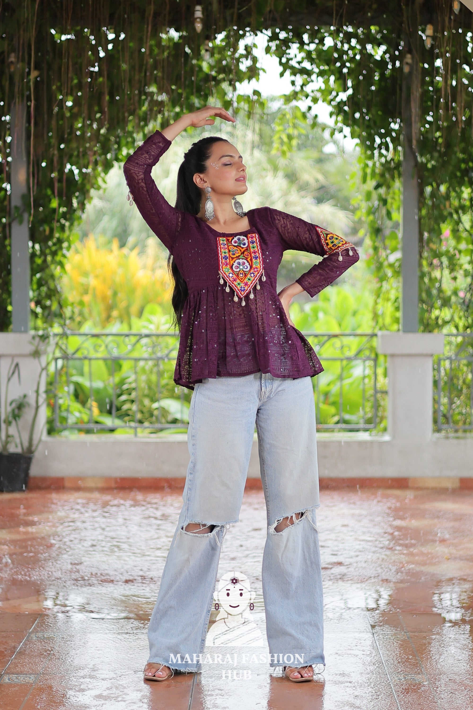 Elegant Kutchi Gamthi Schiffli Embroidery Georgette Peplum Top 🌸👑