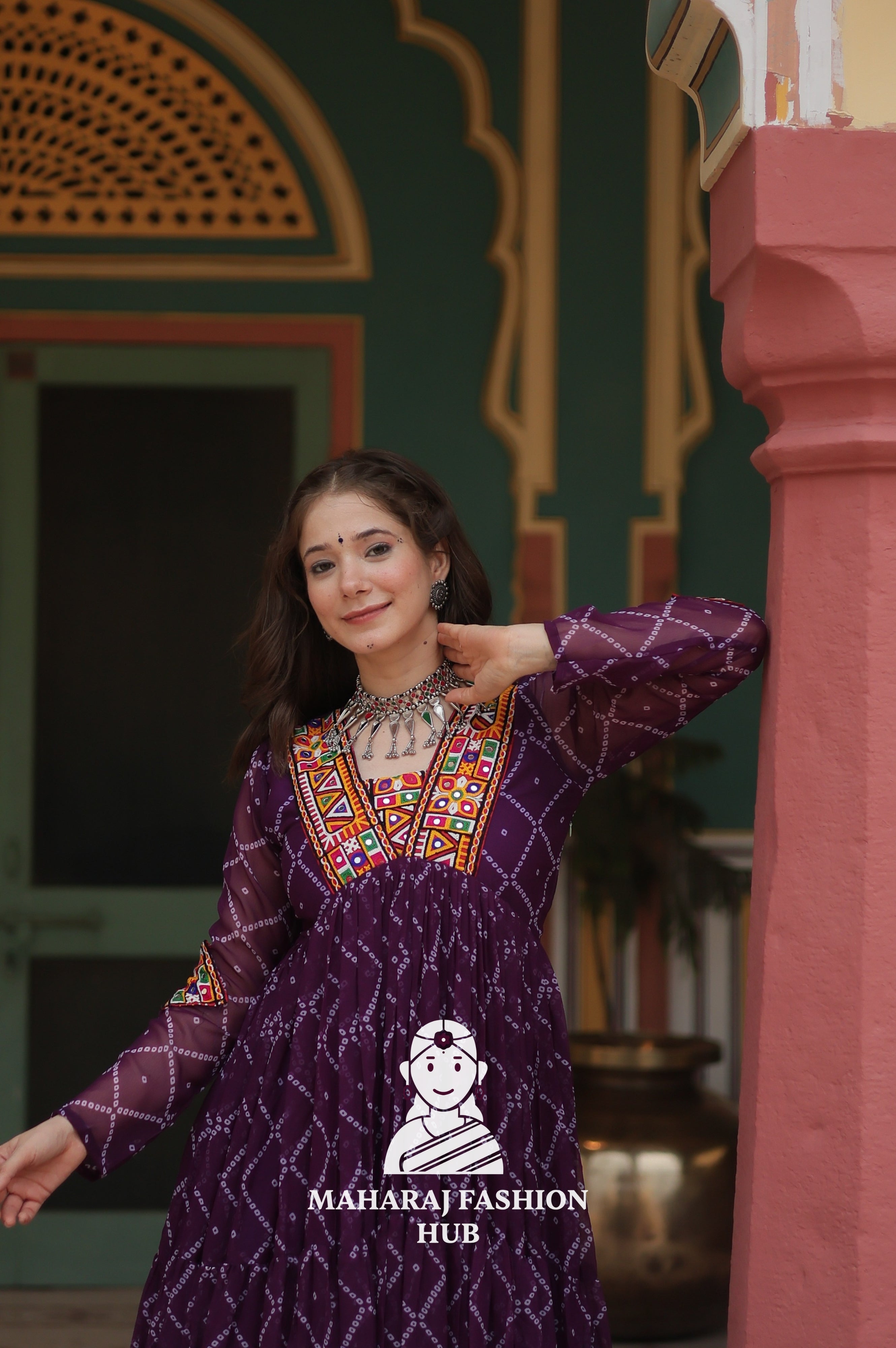 Faux Georgette Gown with Kutchi Patch and Bandhani Artistry