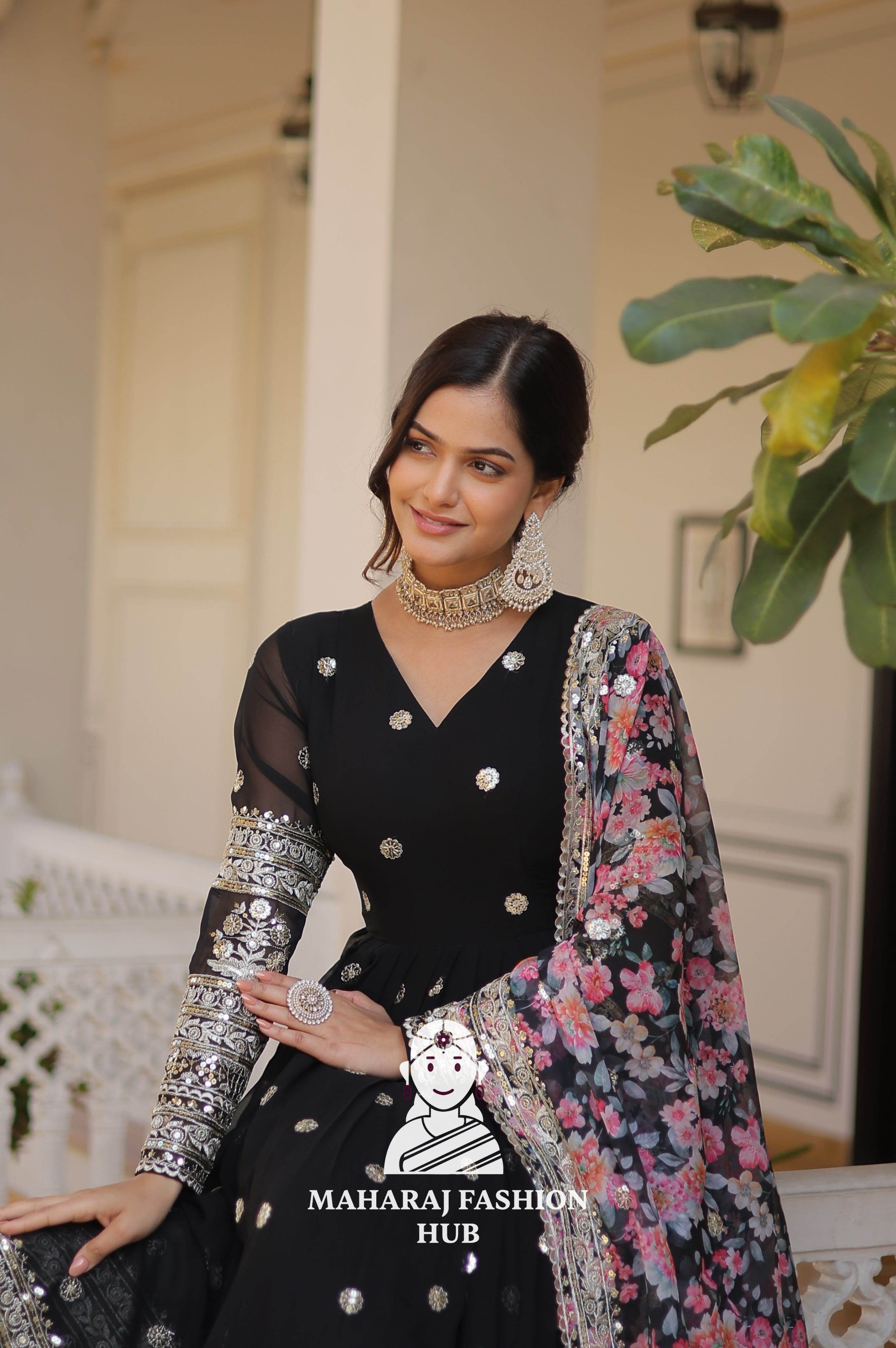 Partywear Faux Georgette Gown with Tabby Silk Cutwork Dupatta
