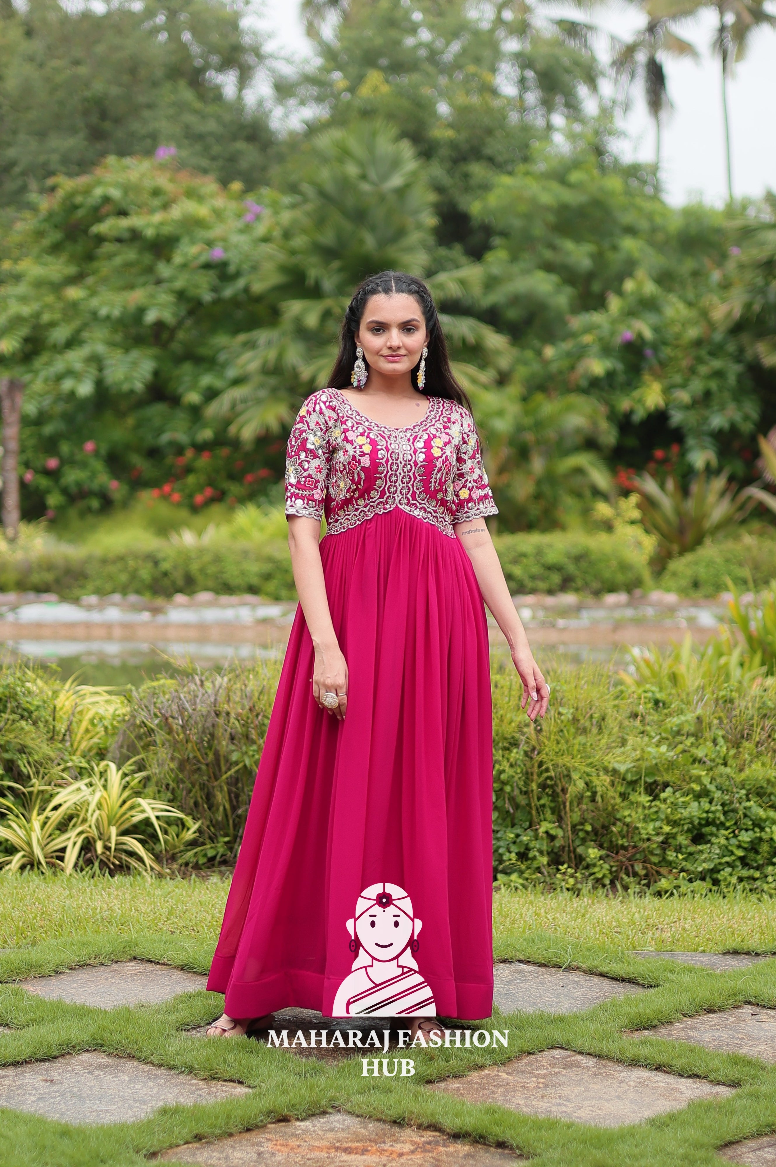 Half Sleeve Faux Blooming Fabric Gown with Luxe Finish