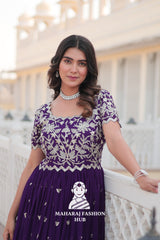 Faux Blooming Special Designer Gown with Cut-Work Sleeves & Canvas Stitching