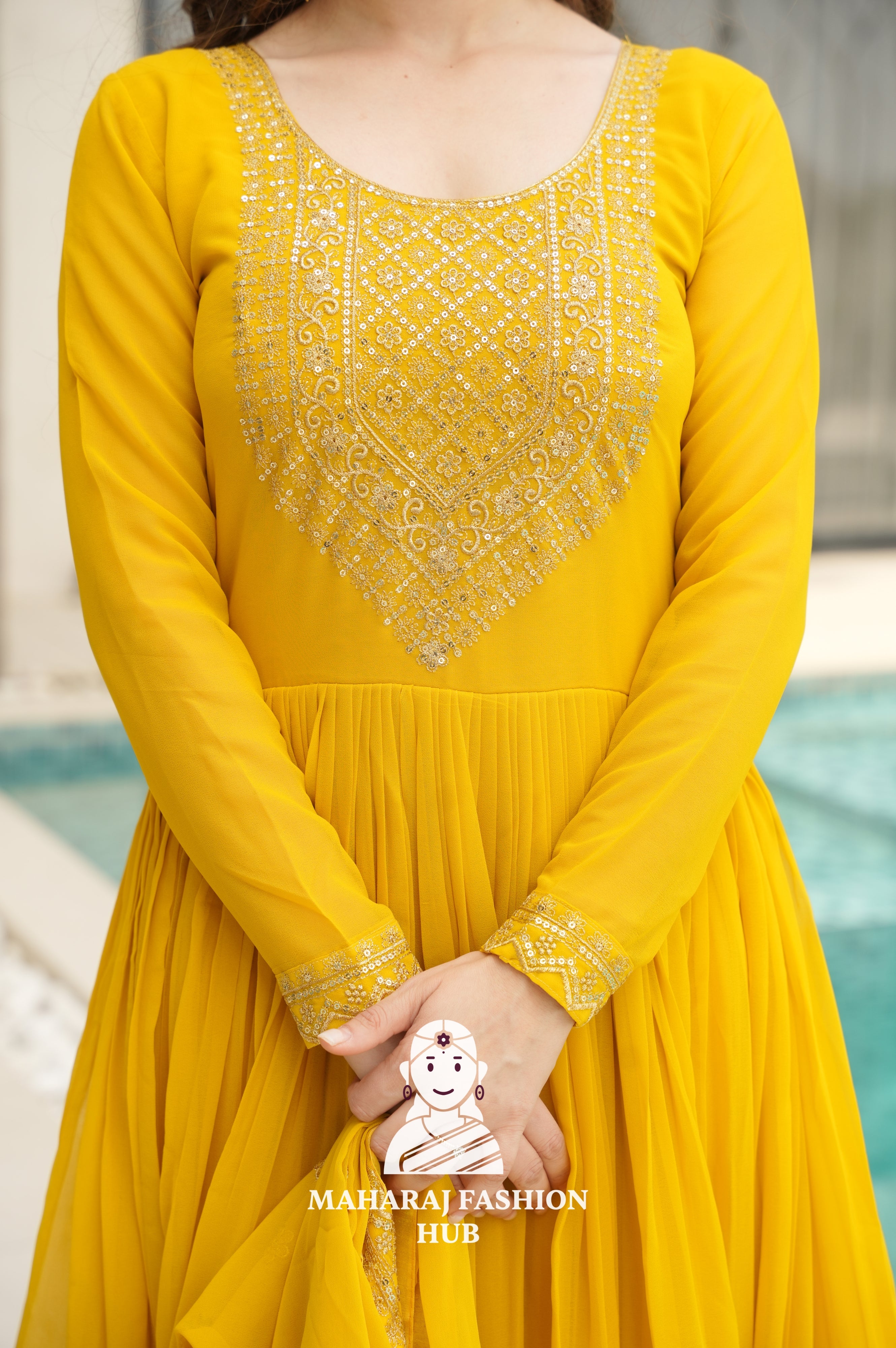 🌸 Classic Round Neck Ethnic Gown with Sequins Embroidery - Special Designer Gown