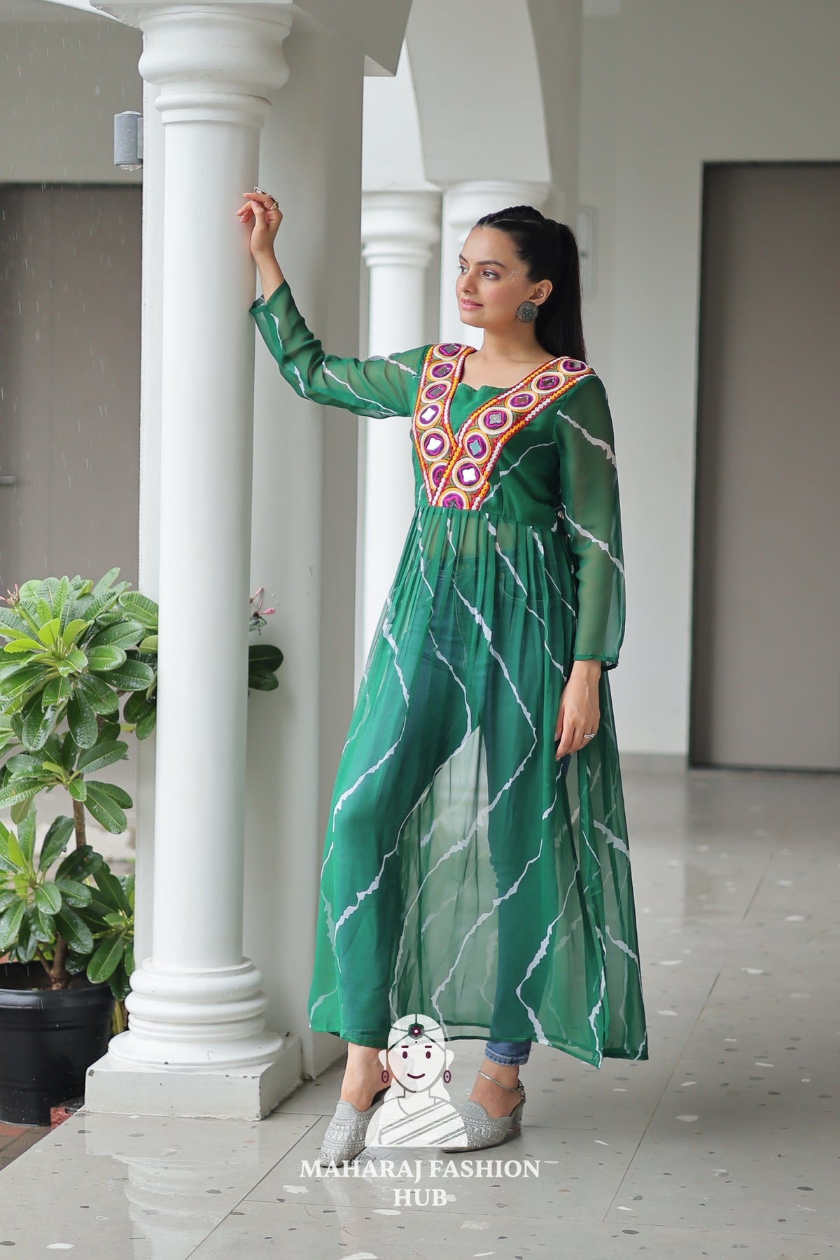 Traditional Faux Georgette Leheriya Patchwork Festive Navratri Kurti 💫🪔