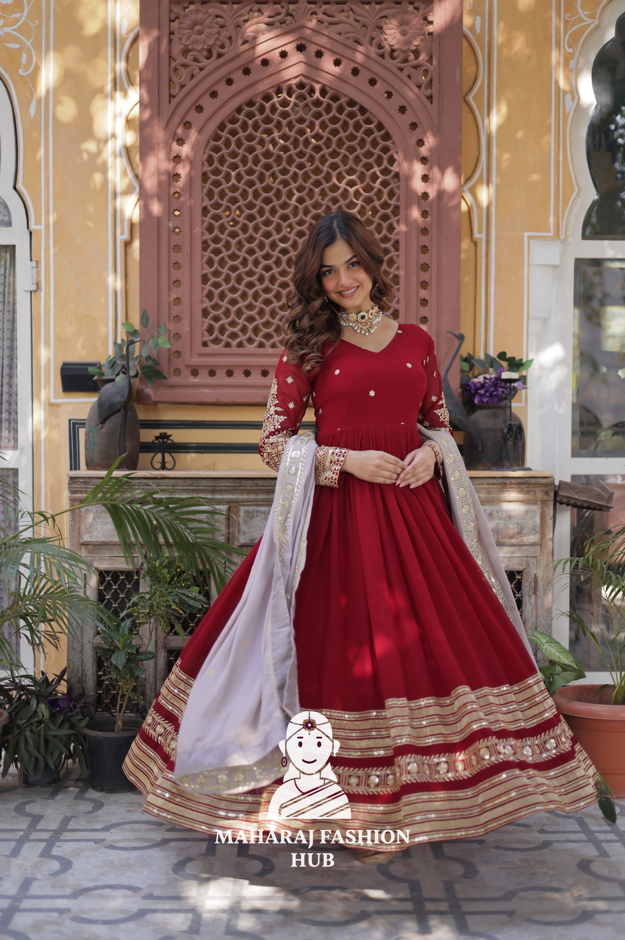 💃 Fancy V-Neck Gown with Sequins Detailing & Designer Lace - Special Designer Gown