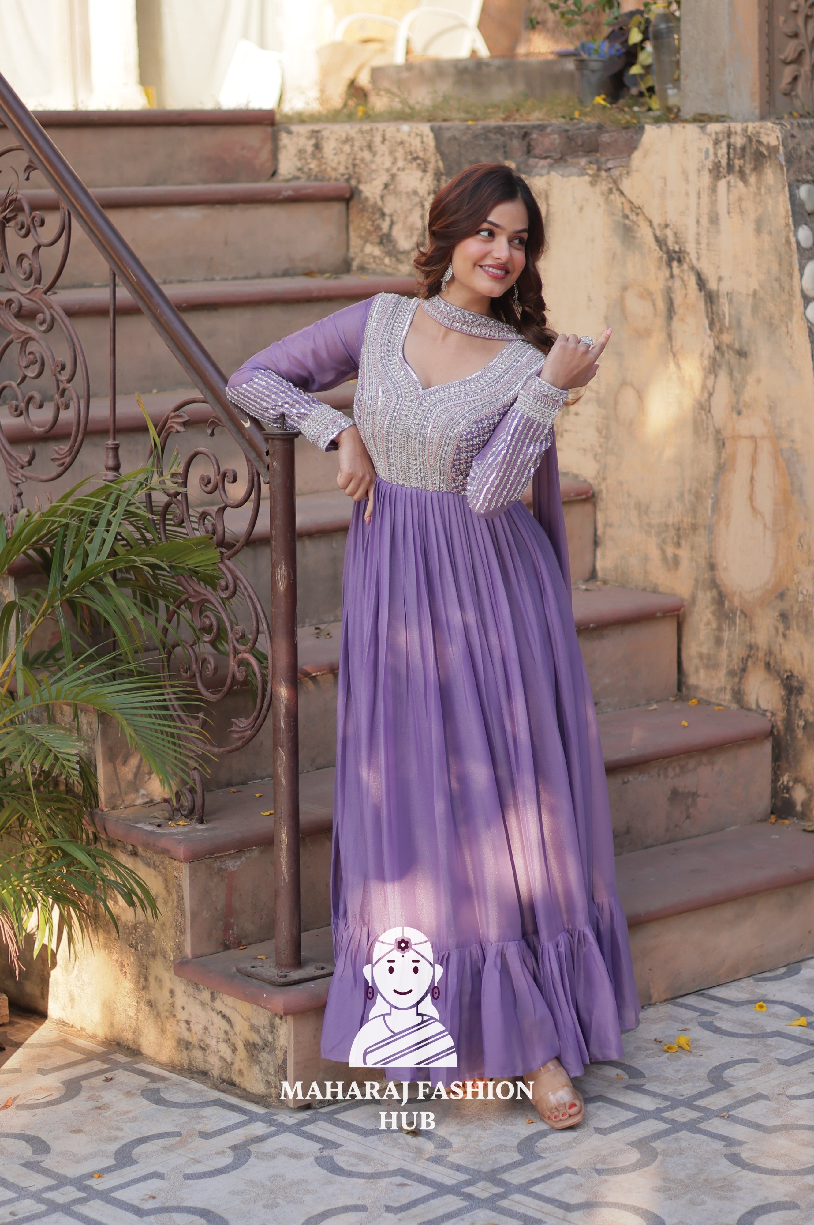 🧵 Star Georgette Gown with Heavy Work & 5 M Flair Grandeur - Special Designer Gown