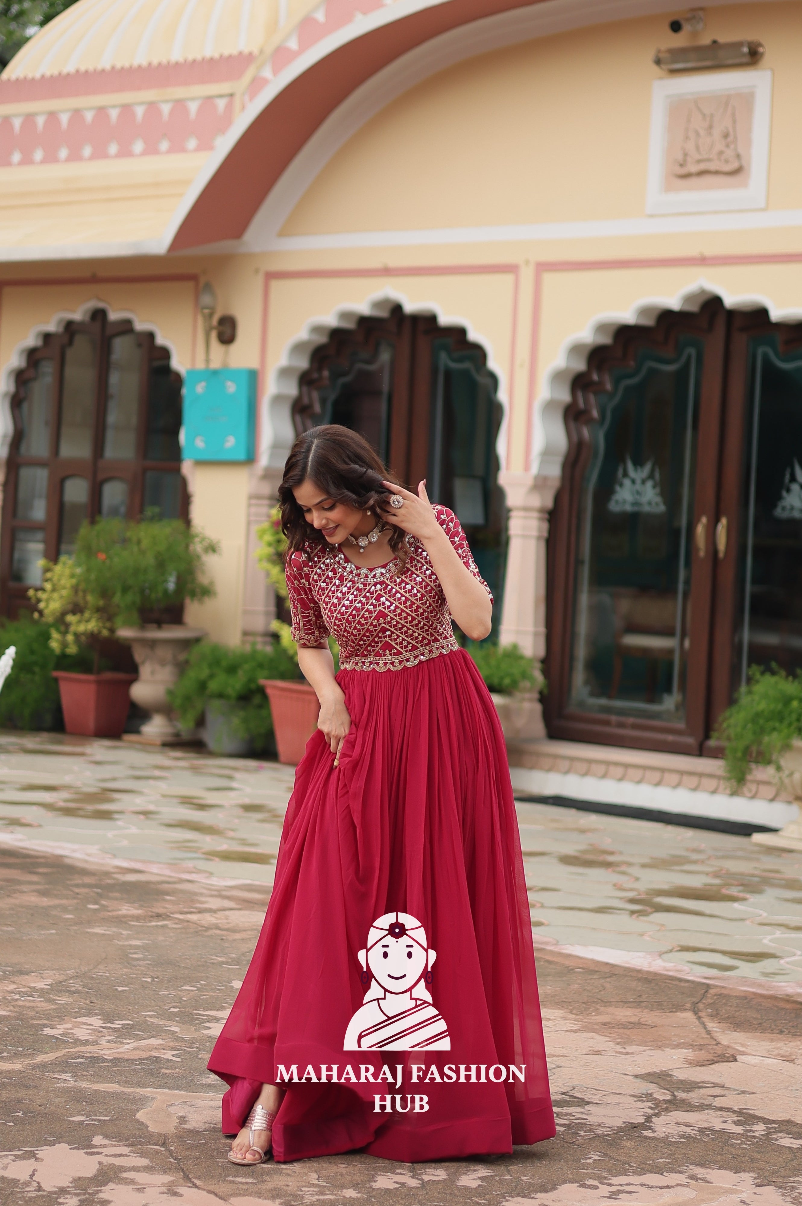 Beautiful Embroidered Faux Blooming Gown with Cotton Lining