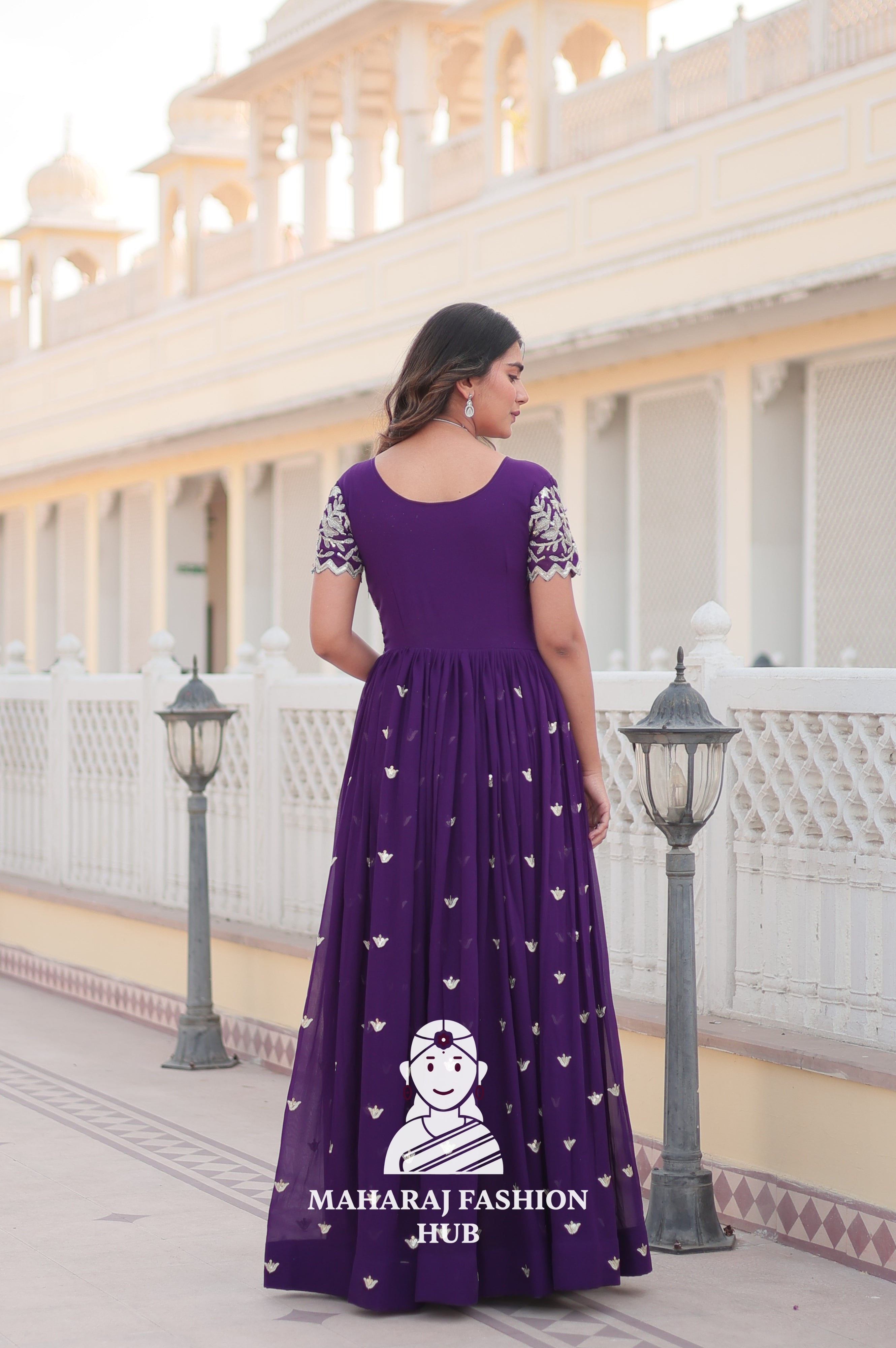 Faux Blooming Special Designer Gown with Cut-Work Sleeves & Canvas Stitching