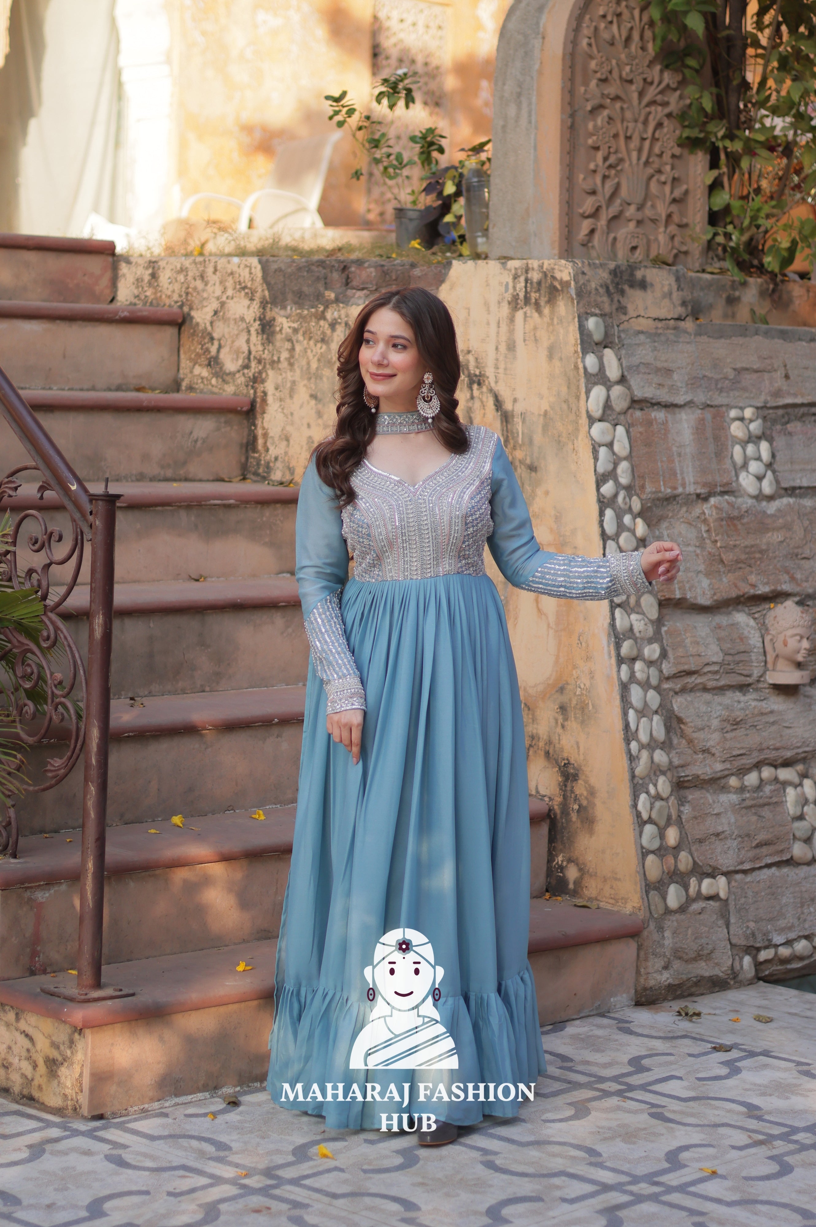 💫 Designer Gown in Star Georgette with Pan Neck & Full Embroidery - Special Designer Gown