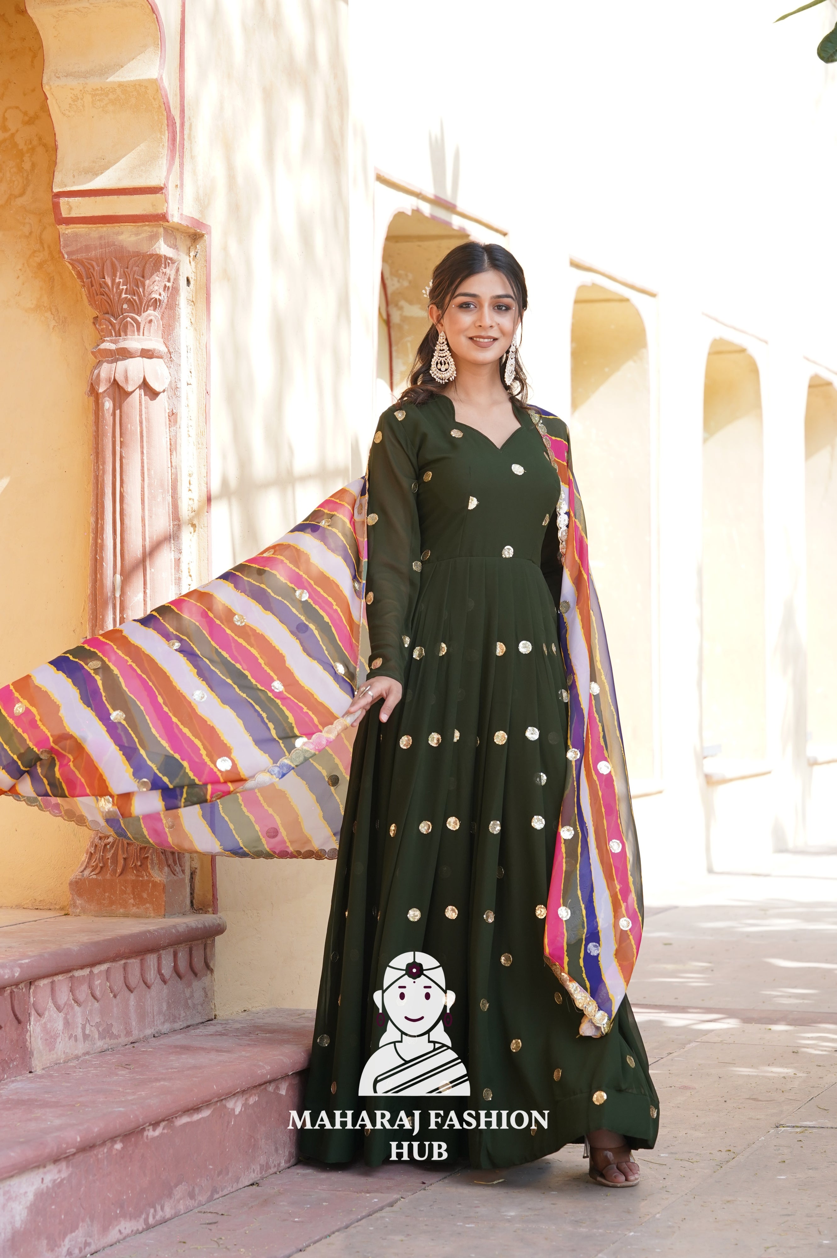 Elegant Faux Blooming Special Designer Gown with Contrast Silk Dupatta