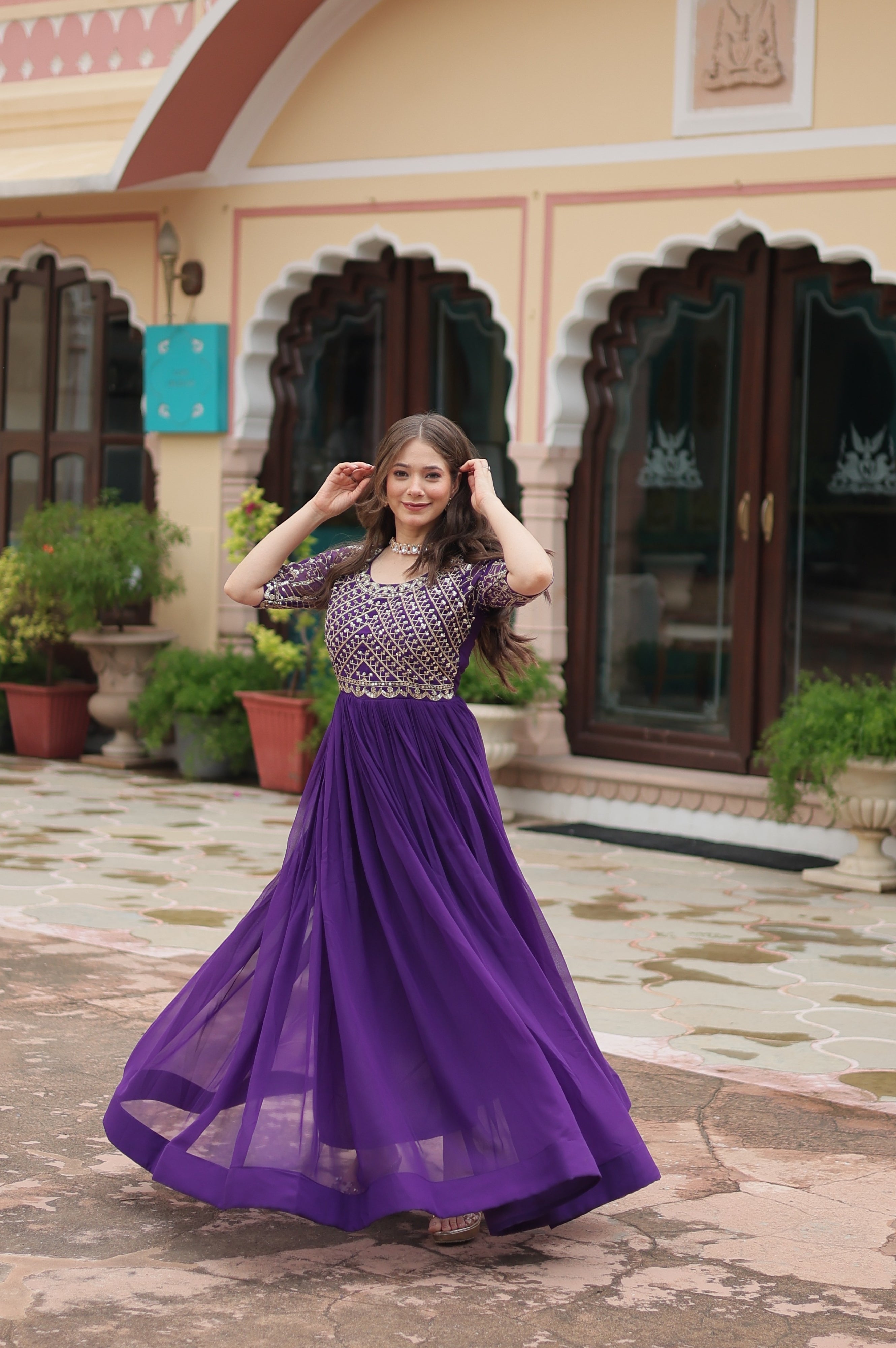 Designer Faux Blooming Gown with Zari Sequins Detailing