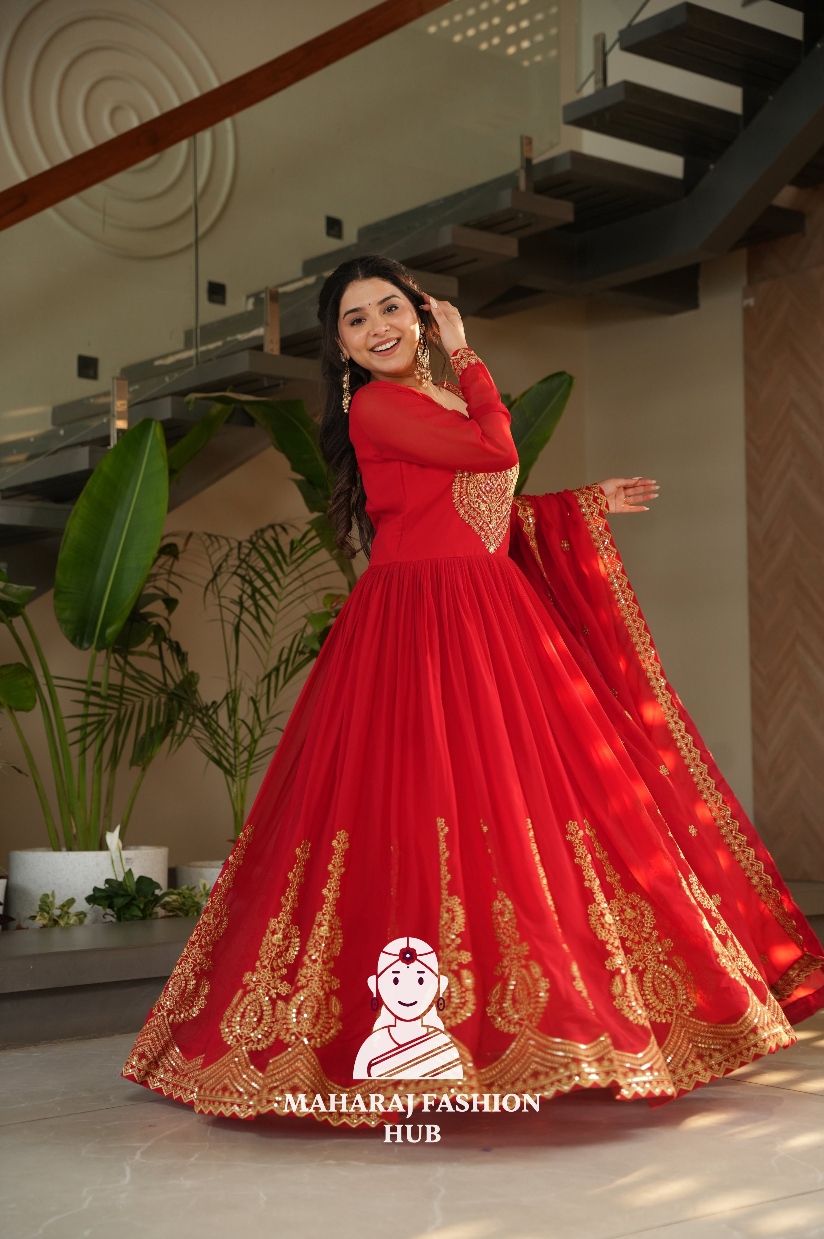 🌸 Classic Round Neck Ethnic Gown with Sequins Embroidery - Special Designer Gown