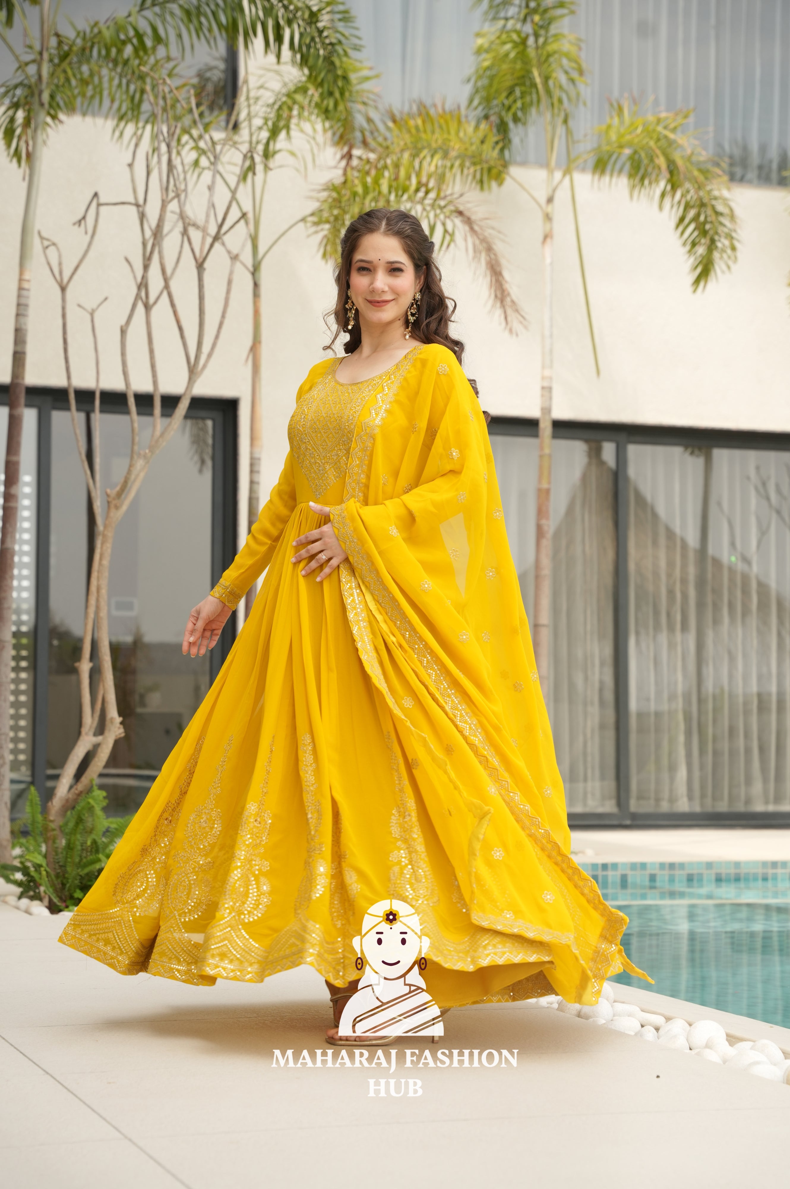 🌸 Classic Round Neck Ethnic Gown with Sequins Embroidery - Special Designer Gown