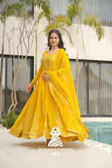 💫 Elegant Round Neck Gown in Faux Blooming Fabric - Special Designer Gown
