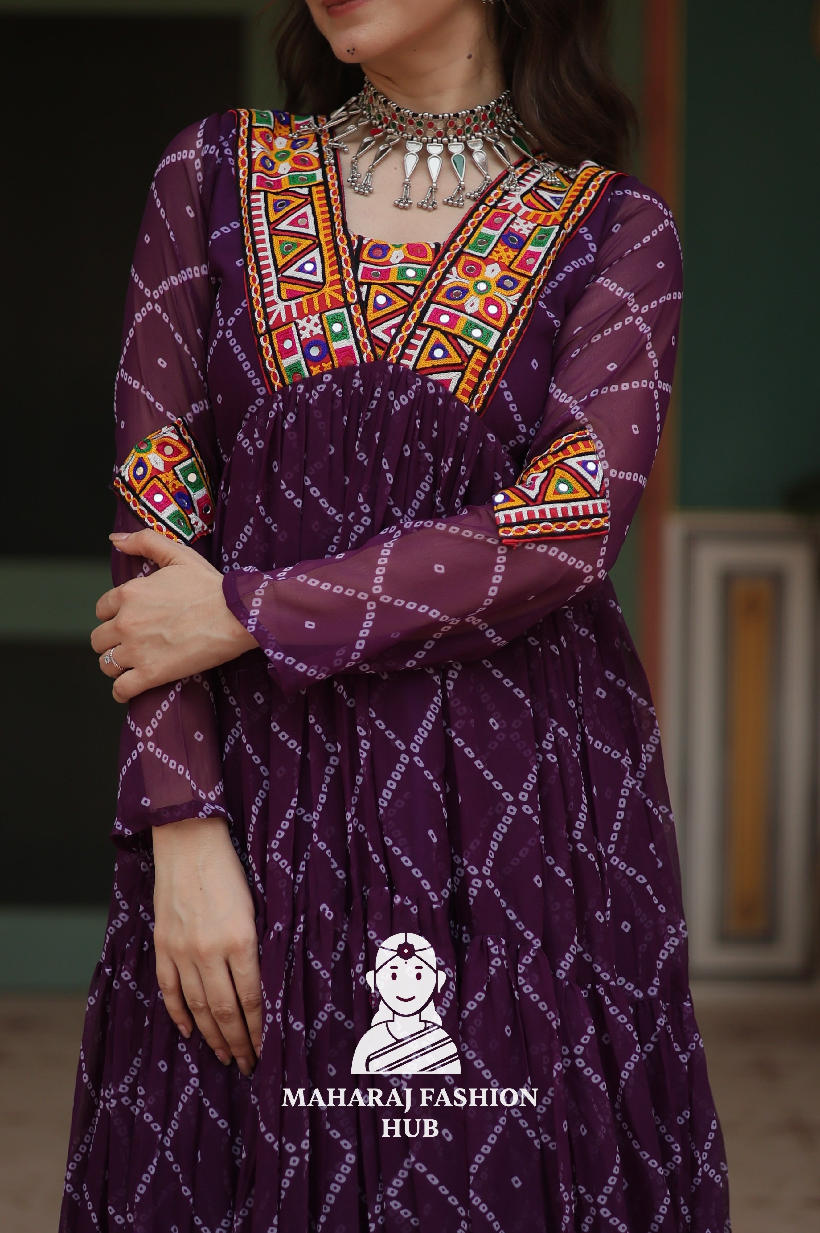 Faux Georgette Gown with Kutchi Patch and Bandhani Artistry