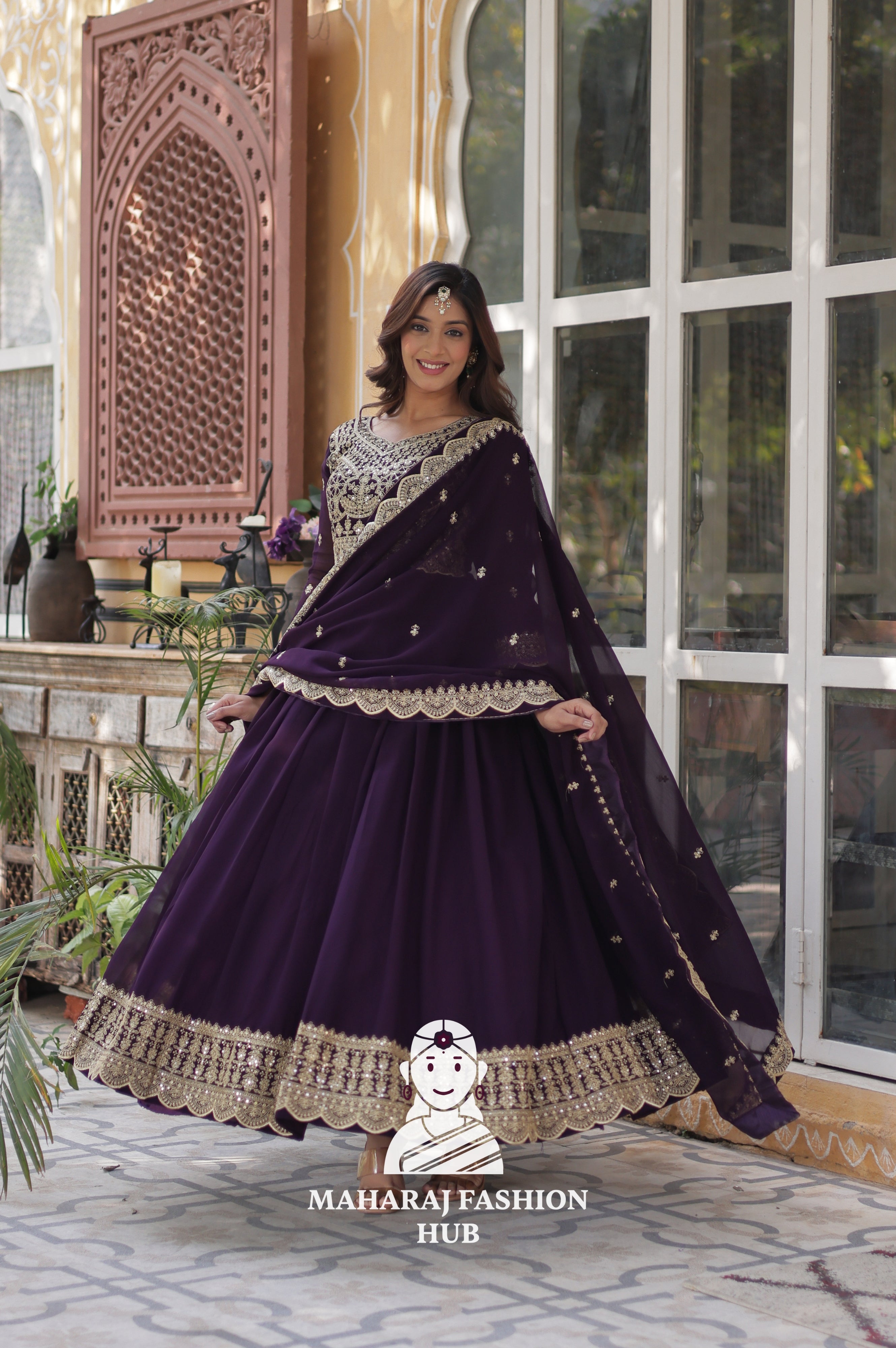 🌸 Designer Gown in Faux Blooming with Heavy Work & Stylish Dupatta - Combo Offer Gown