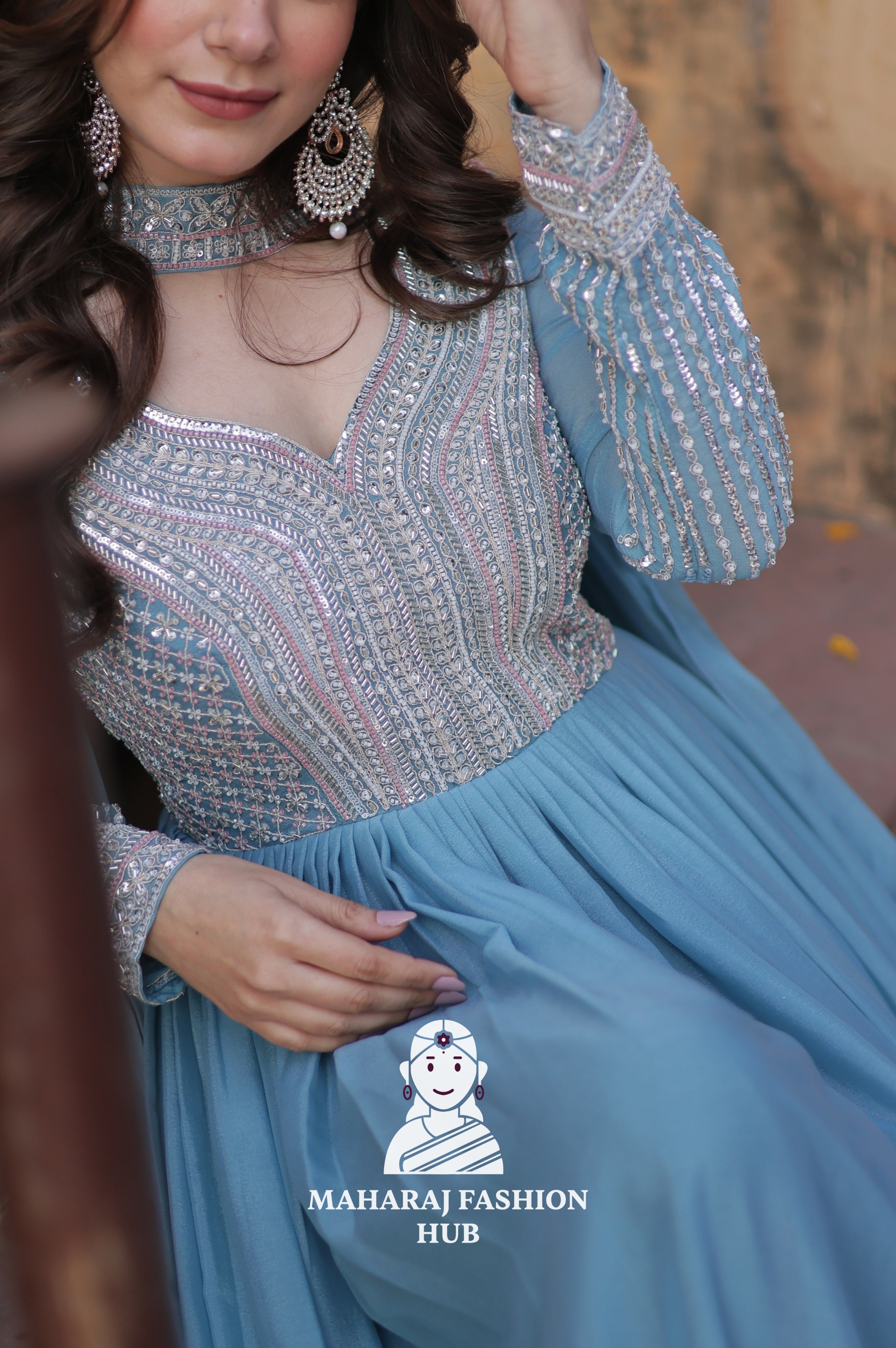 💫 Designer Gown in Star Georgette with Pan Neck & Full Embroidery - Special Designer Gown