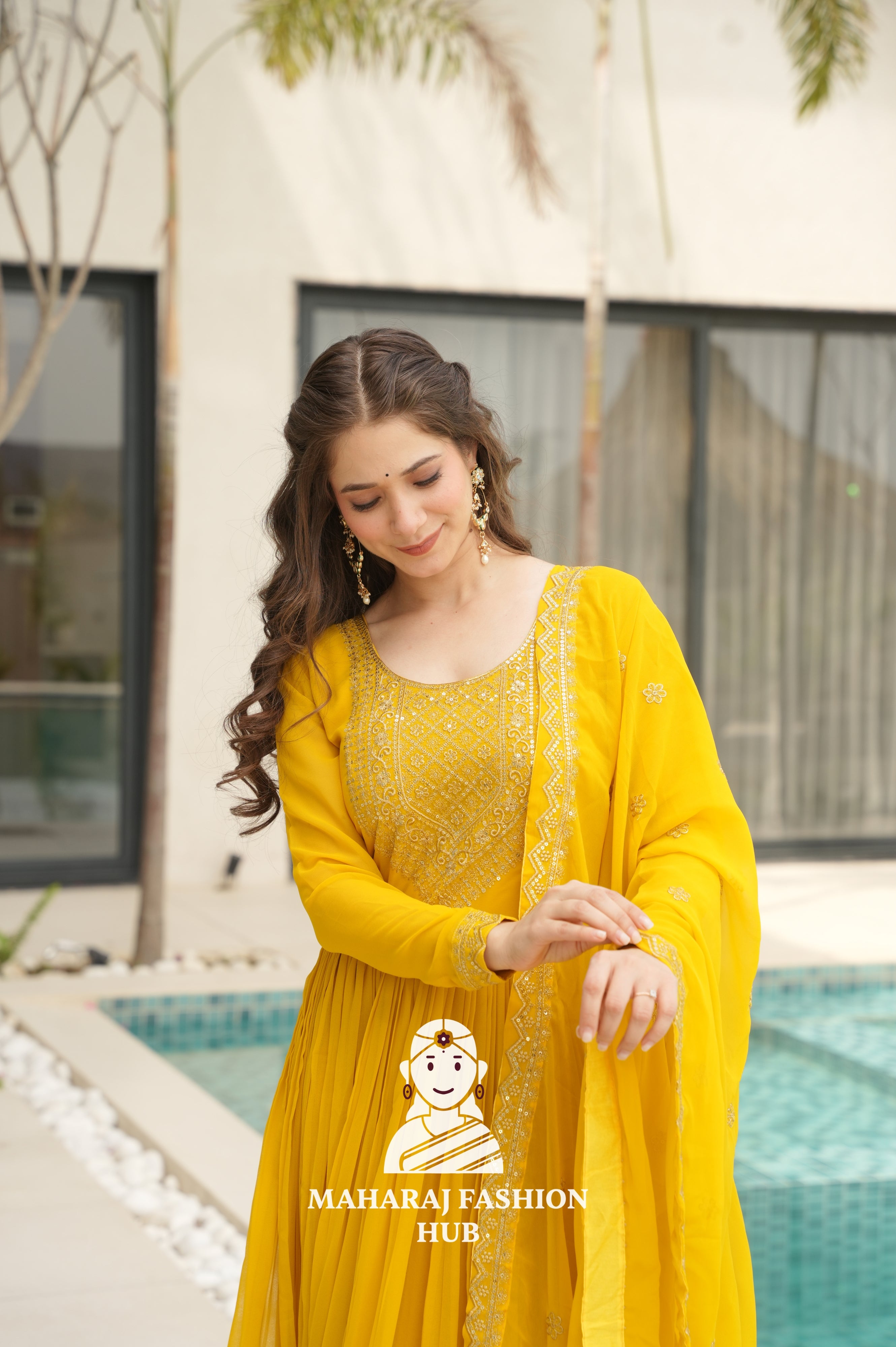 🌸 Classic Round Neck Ethnic Gown with Sequins Embroidery - Special Designer Gown