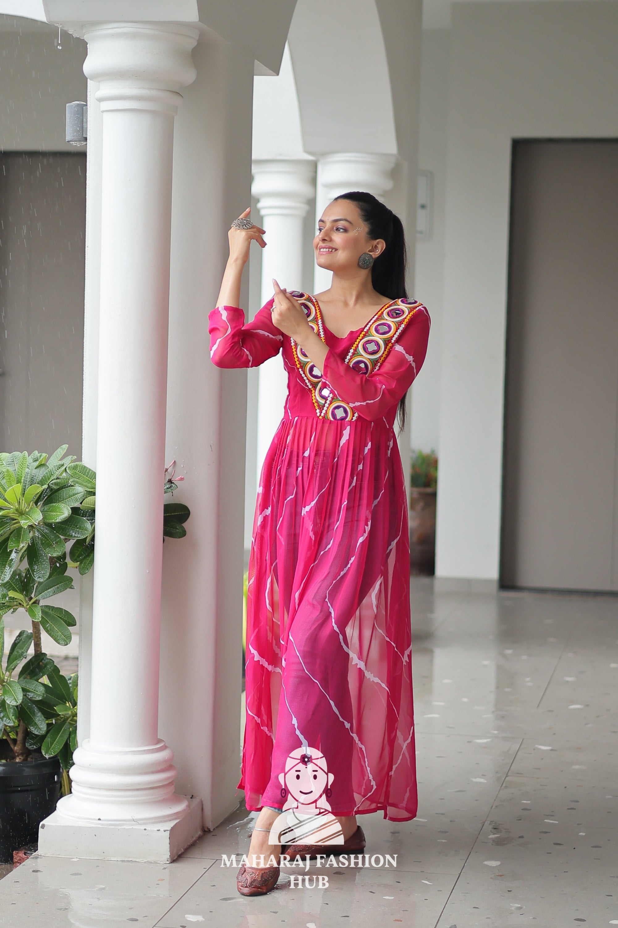 Navratri - Premium Faux Georgette Leheriya Kutchi Patchwork Navratri Kurti 🎶💃