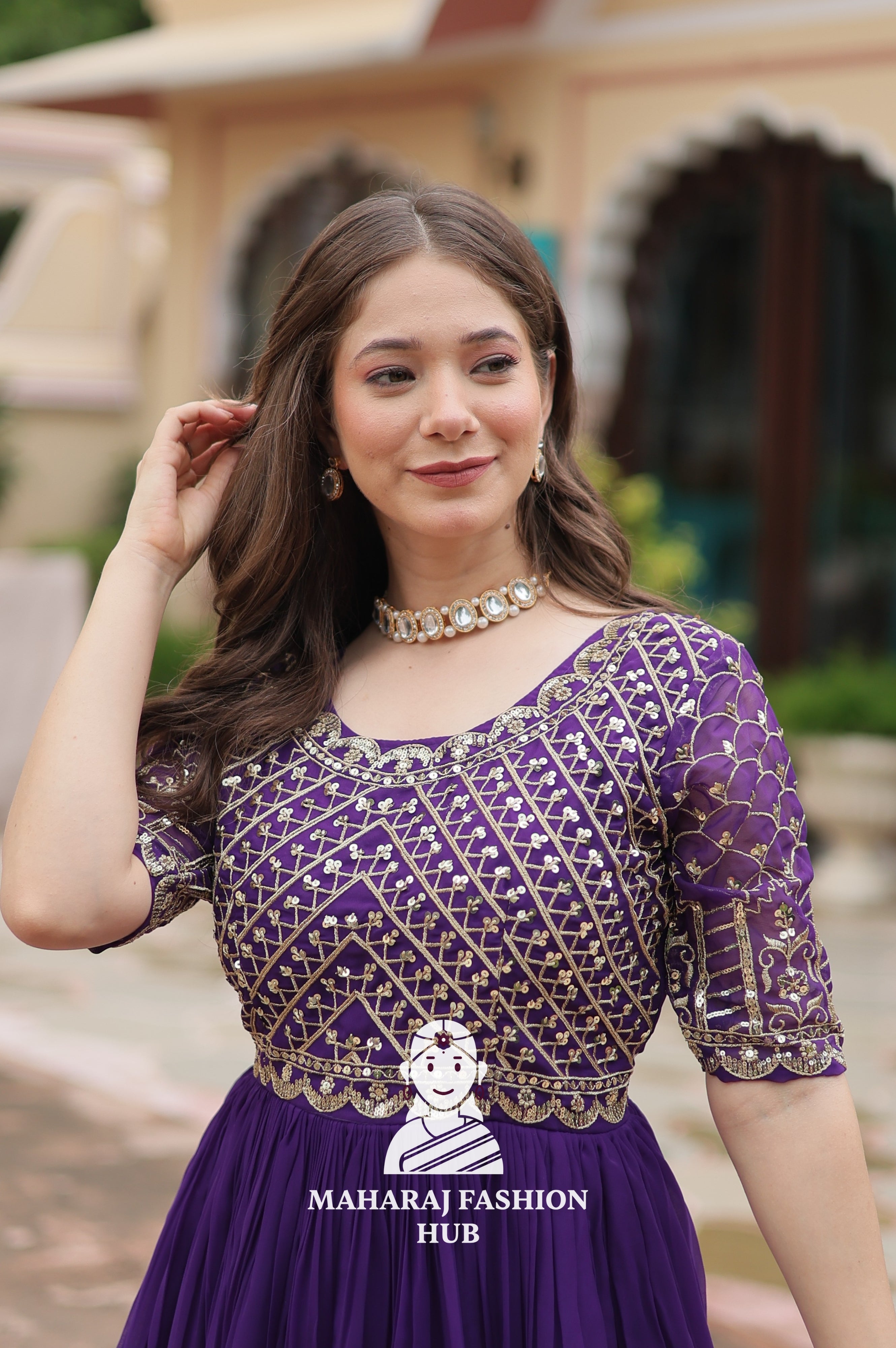Designer Faux Blooming Gown with Zari Sequins Detailing