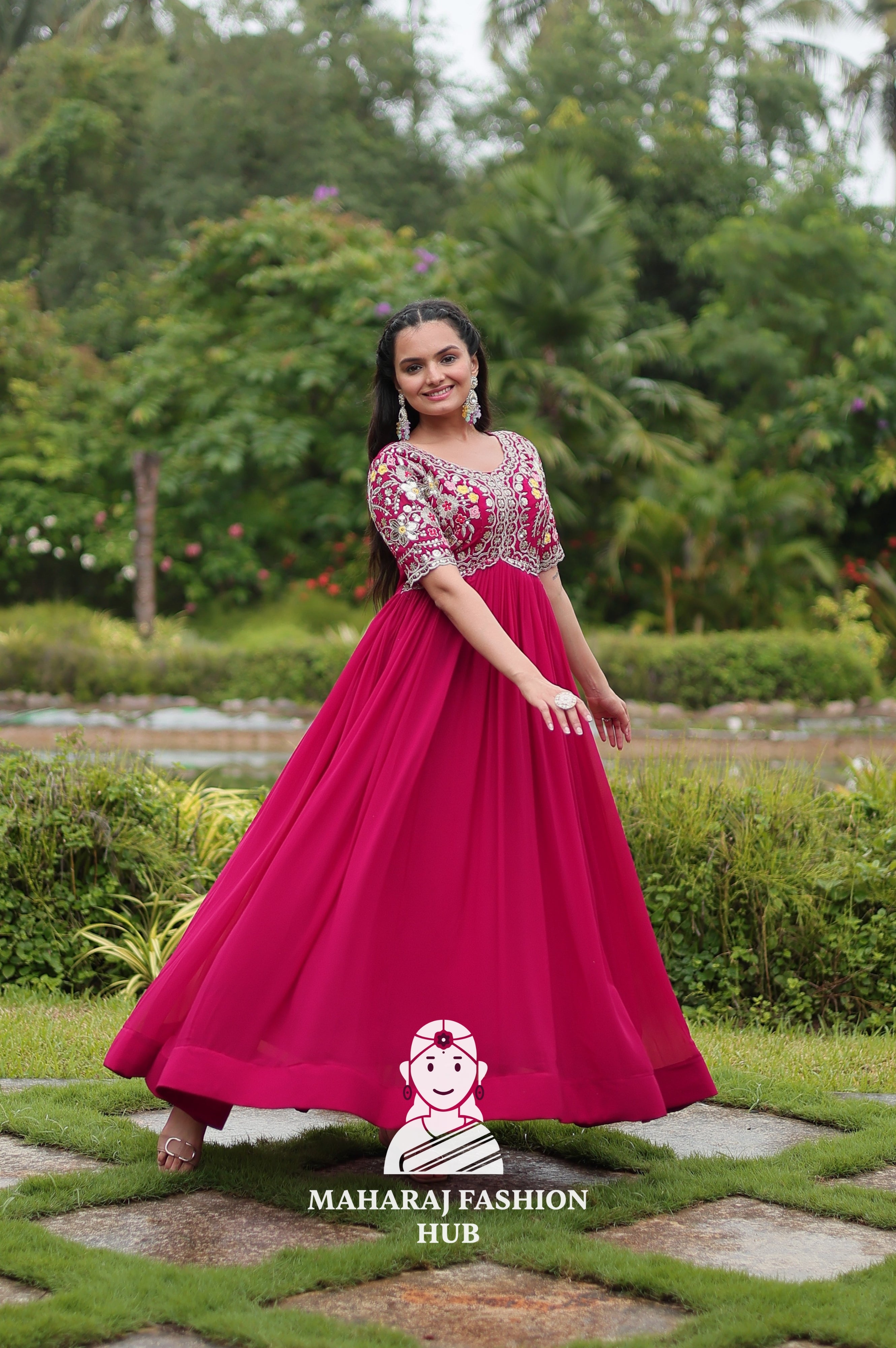 Half Sleeve Faux Blooming Fabric Gown with Luxe Finish