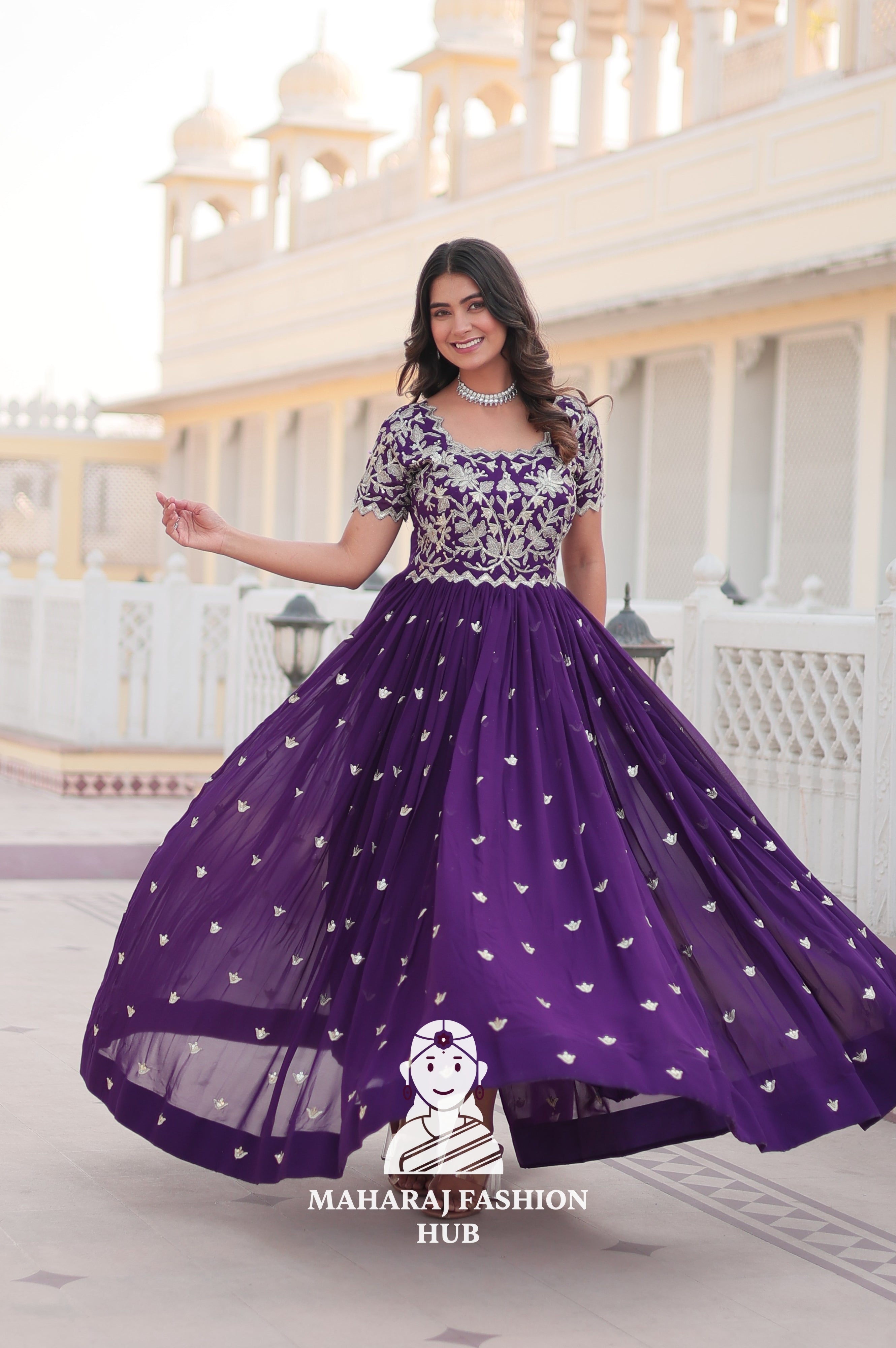 Faux Blooming Special Designer Gown with Cut-Work Sleeves & Canvas Stitching