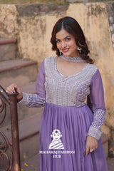 🧵 Star Georgette Gown with Heavy Work & 5 M Flair Grandeur - Special Designer Gown