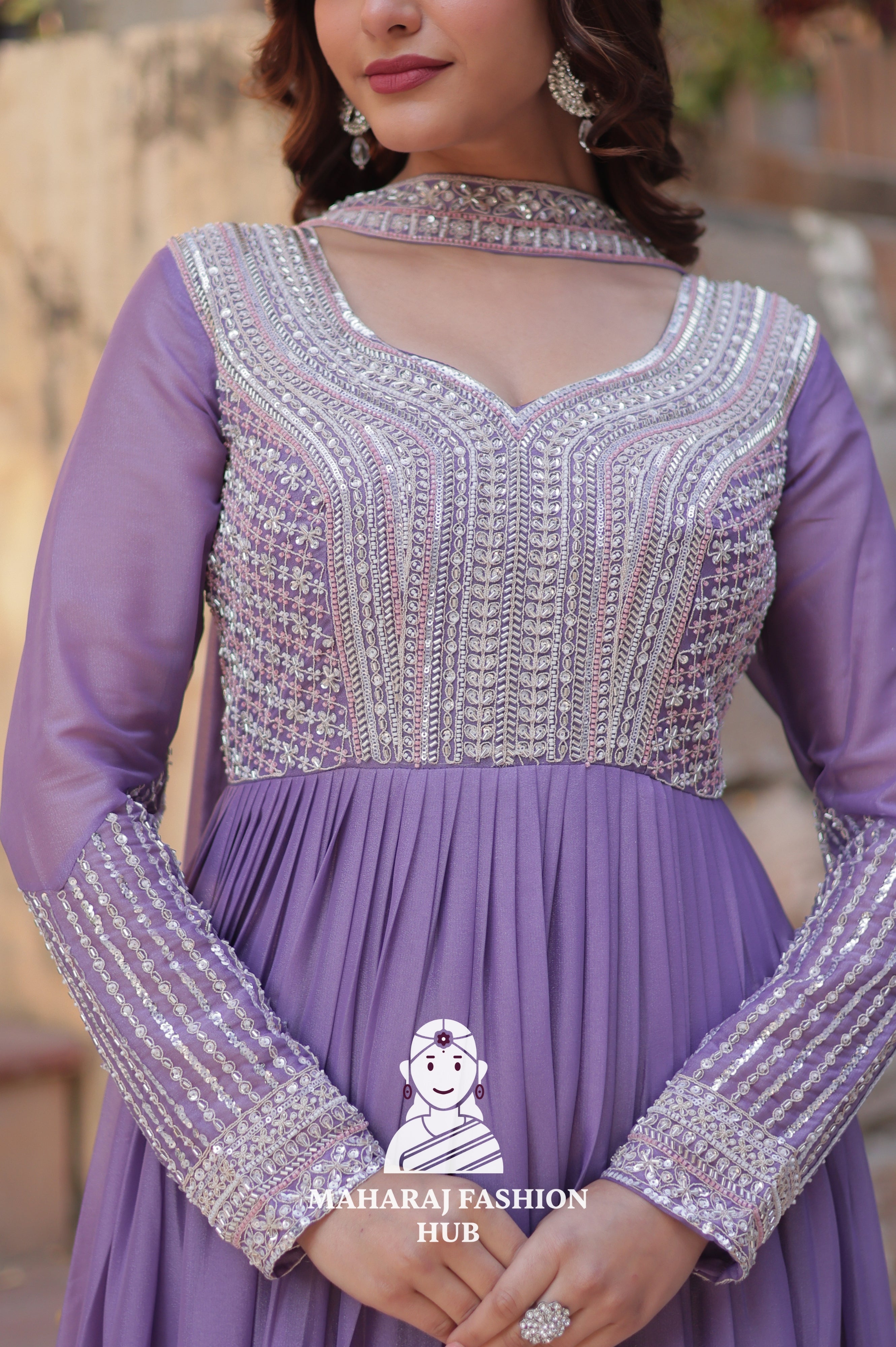 🧵 Star Georgette Gown with Heavy Work & 5 M Flair Grandeur - Special Designer Gown