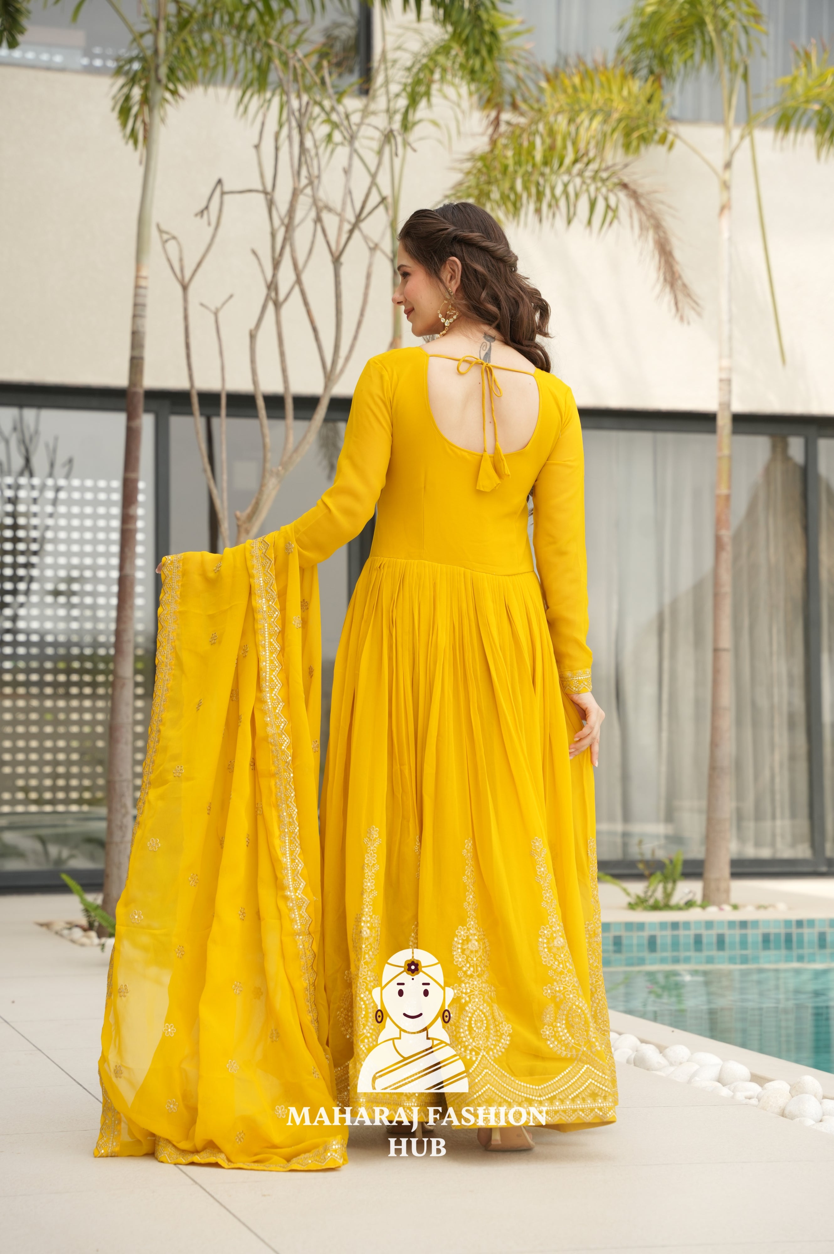 💫 Elegant Round Neck Gown in Faux Blooming Fabric - Special Designer Gown