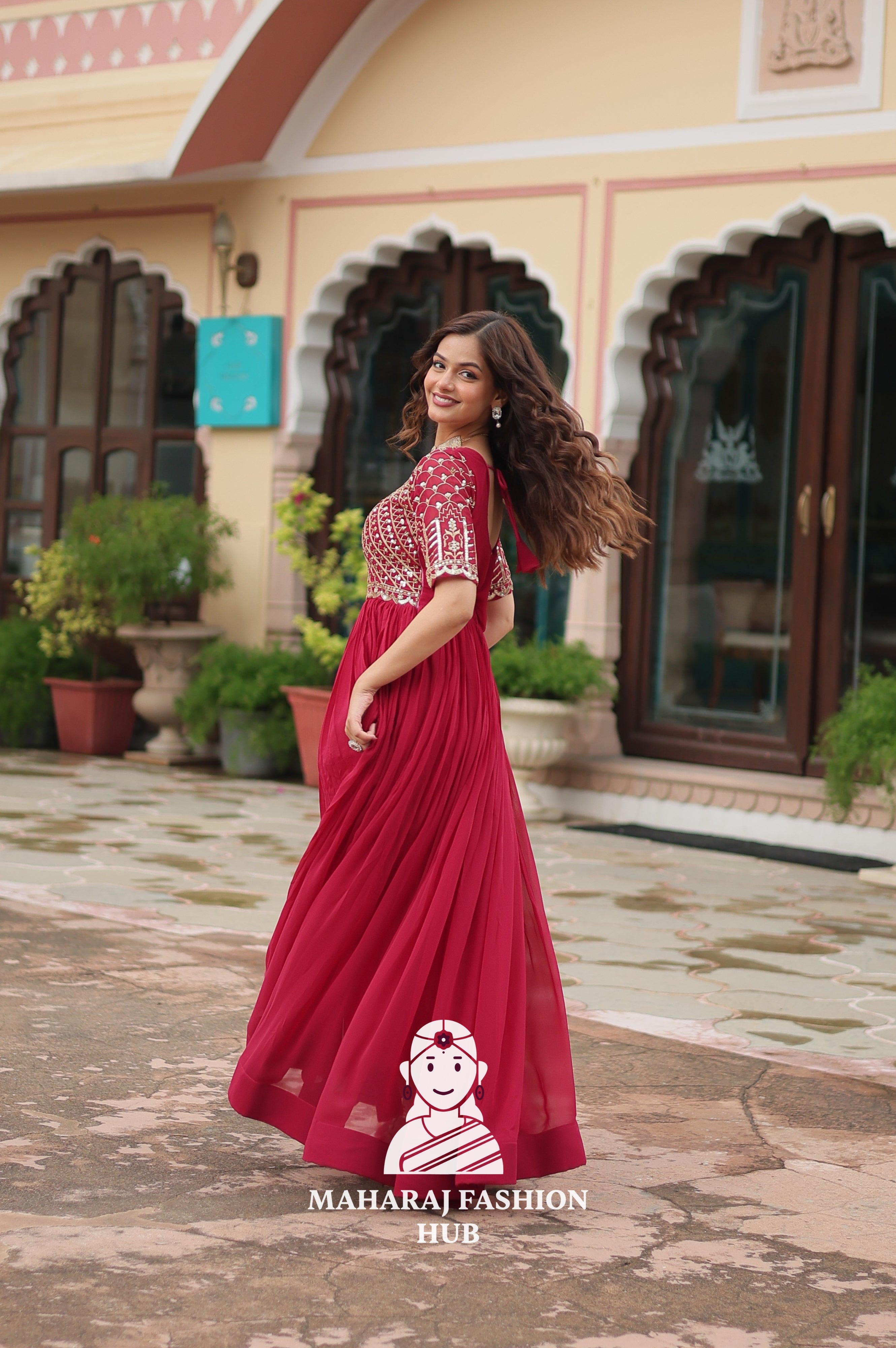 Beautiful Embroidered Faux Blooming Gown with Cotton Lining