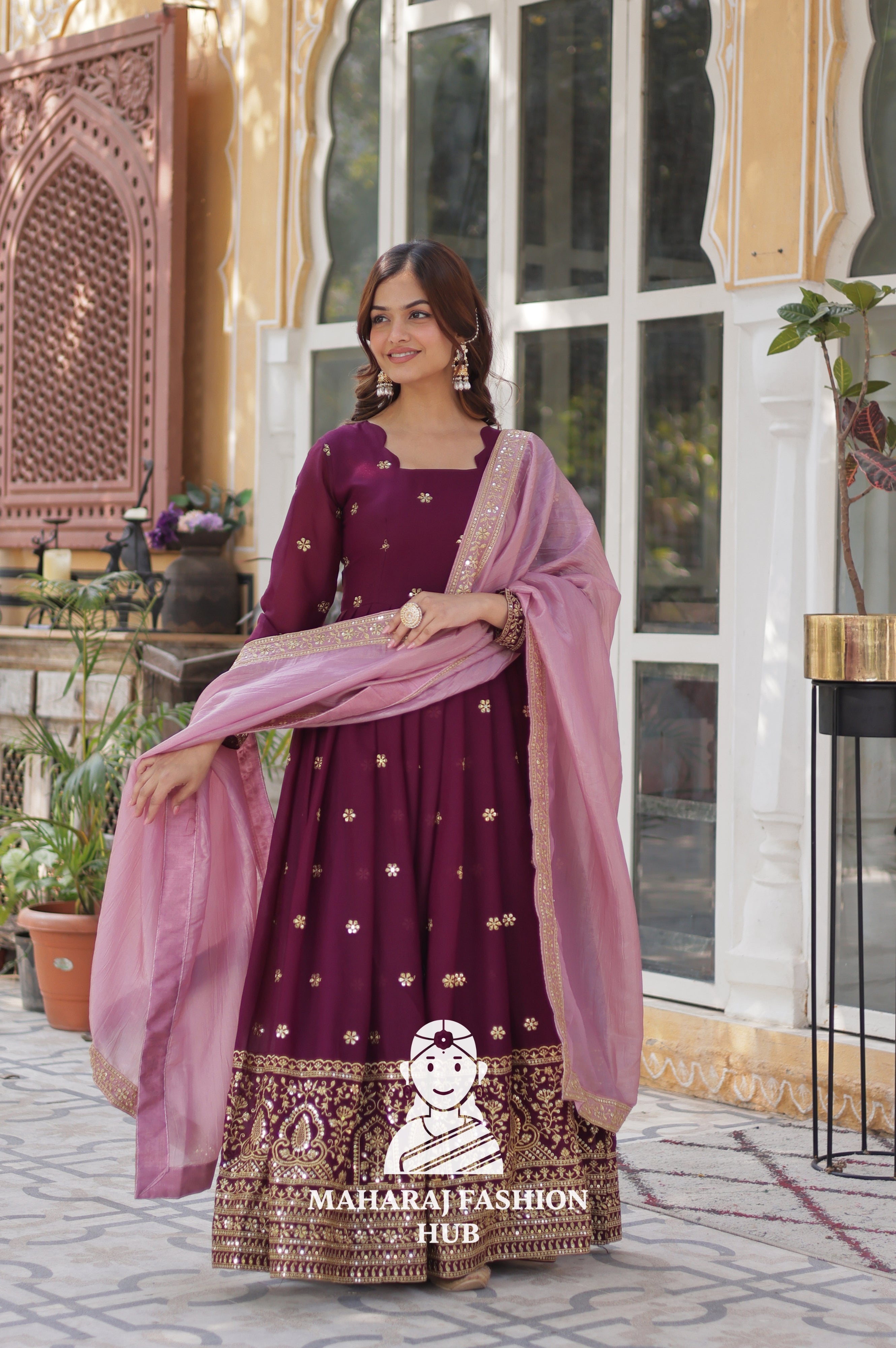 🧵 Full-Sleeve Gown in Star Georgette with Fancy Finish - Special Designer Gown
