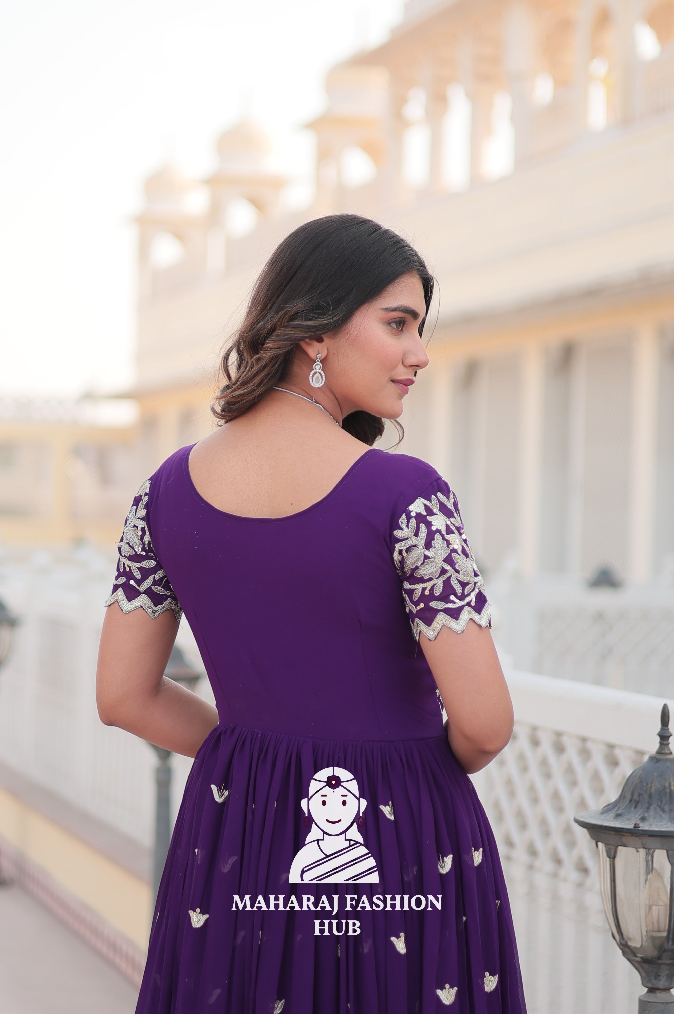 Faux Blooming Special Designer Gown with Cut-Work Sleeves & Canvas Stitching