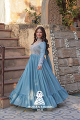 💫 Designer Gown in Star Georgette with Pan Neck & Full Embroidery - Special Designer Gown